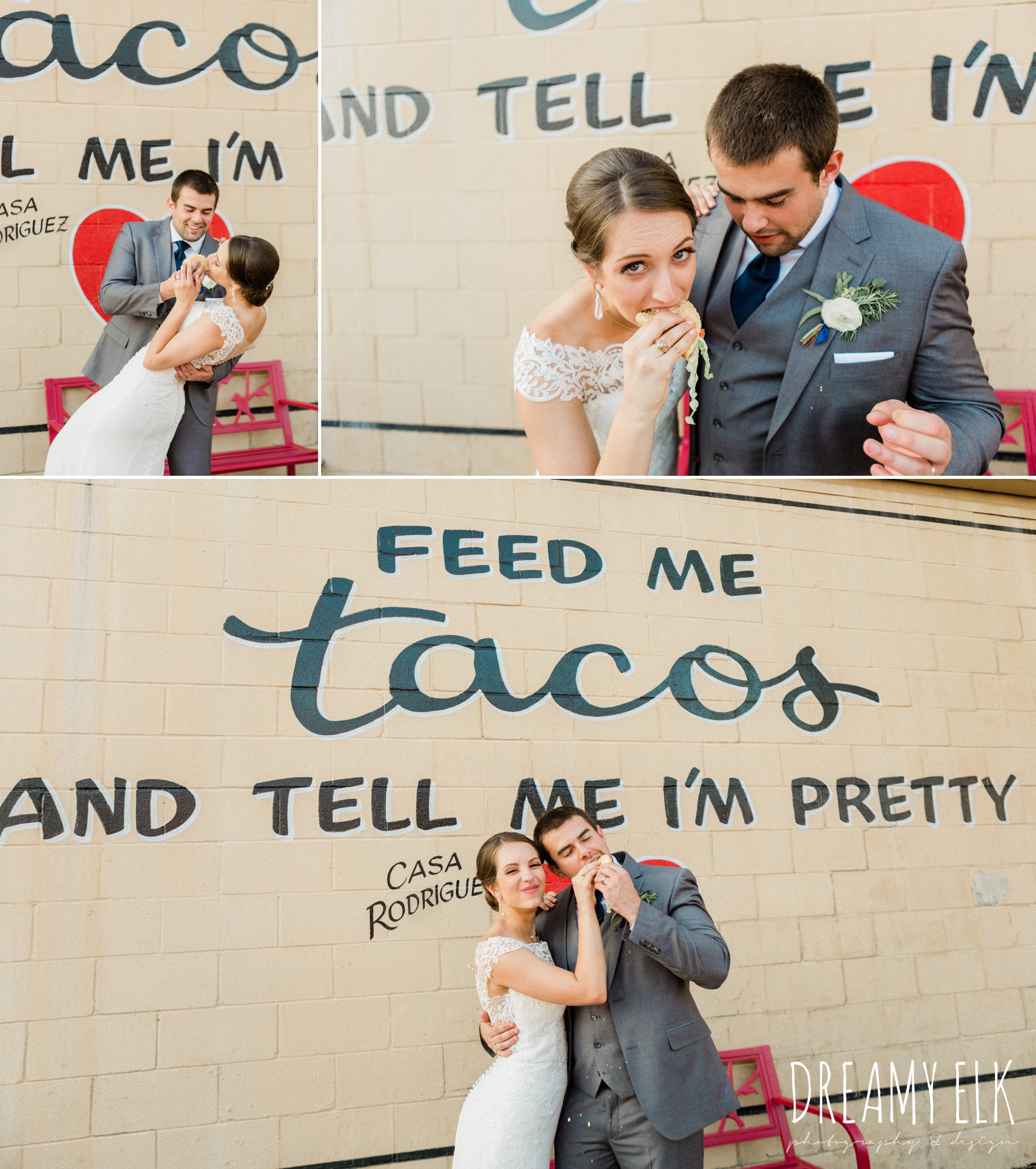 bride and groom eating tacos, essense of australia column dress, unforgettable floral, spring wedding photo college station texas, dreamy elk photography and design