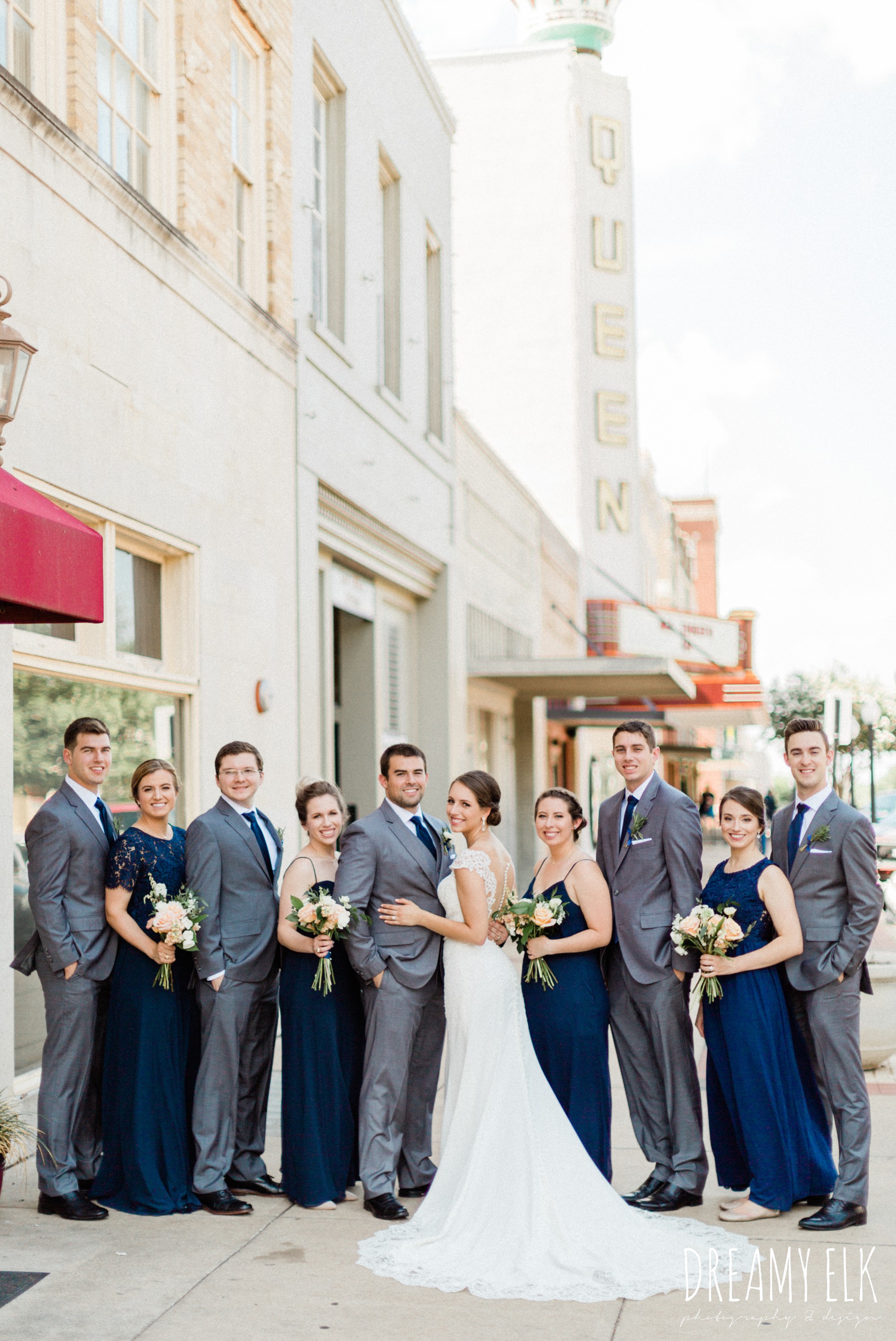 groom and groomsmen gray suit navy tie, long navy mix matched bridesmaids dresses, bride, unforgettable floral, spring wedding photo college station texas, dreamy elk photography and design