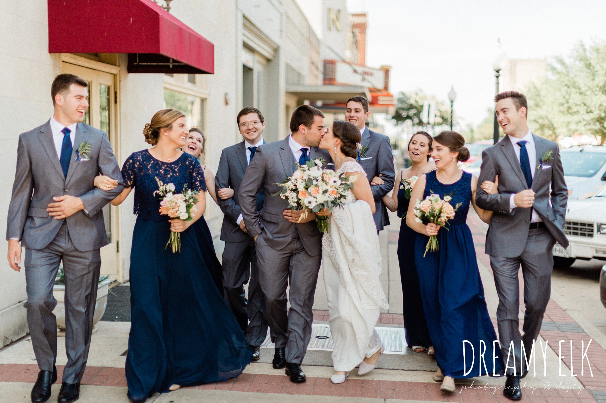 groom and groomsmen gray suit navy tie, long navy mix matched bridesmaids dresses, bride, unforgettable floral, spring wedding photo college station texas, dreamy elk photography and design