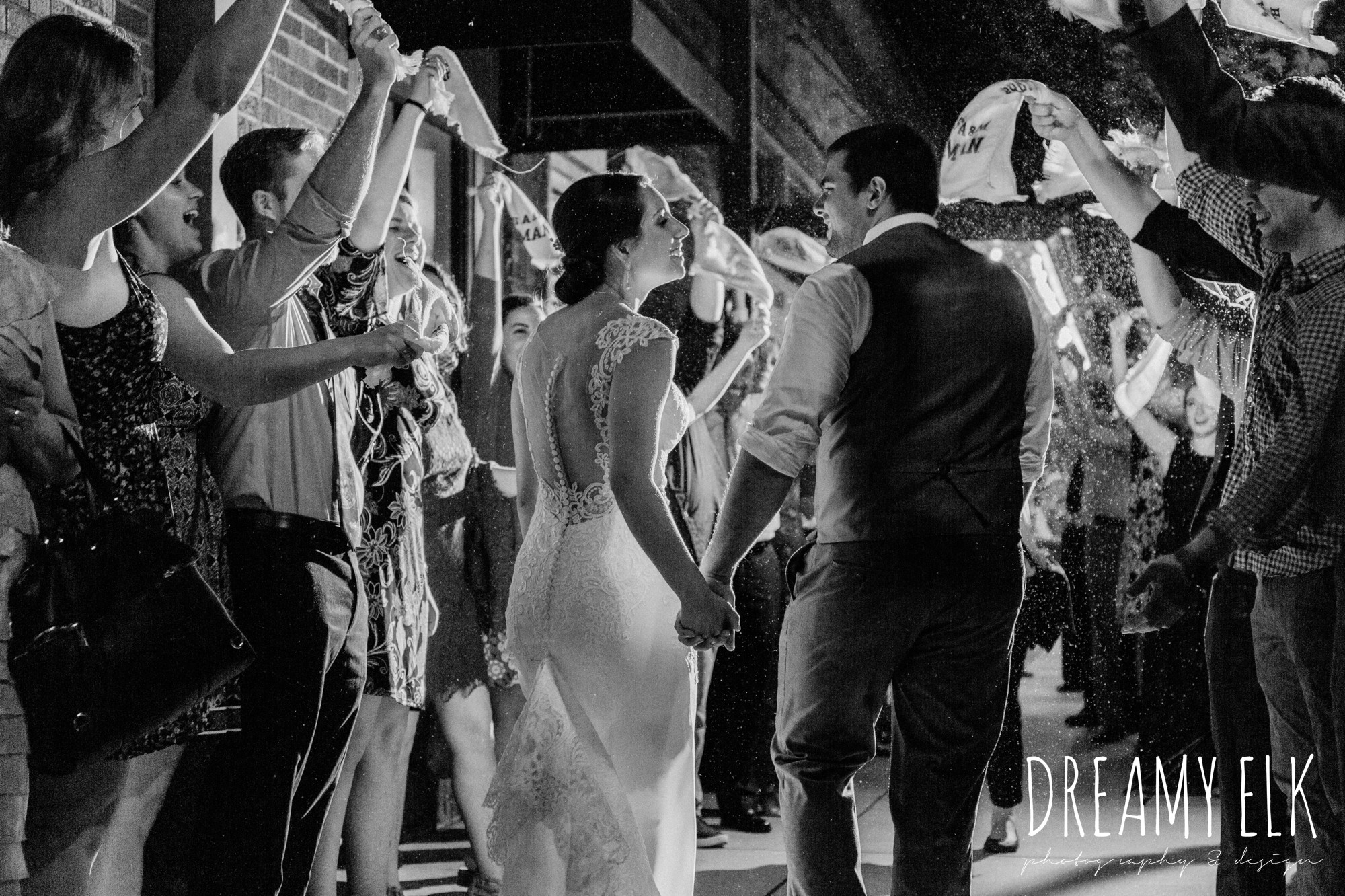 bride and groom send off twelfth man towel, wedding reception, ashley and company, downtown 202, spring wedding photo college station texas, dreamy elk photography and design