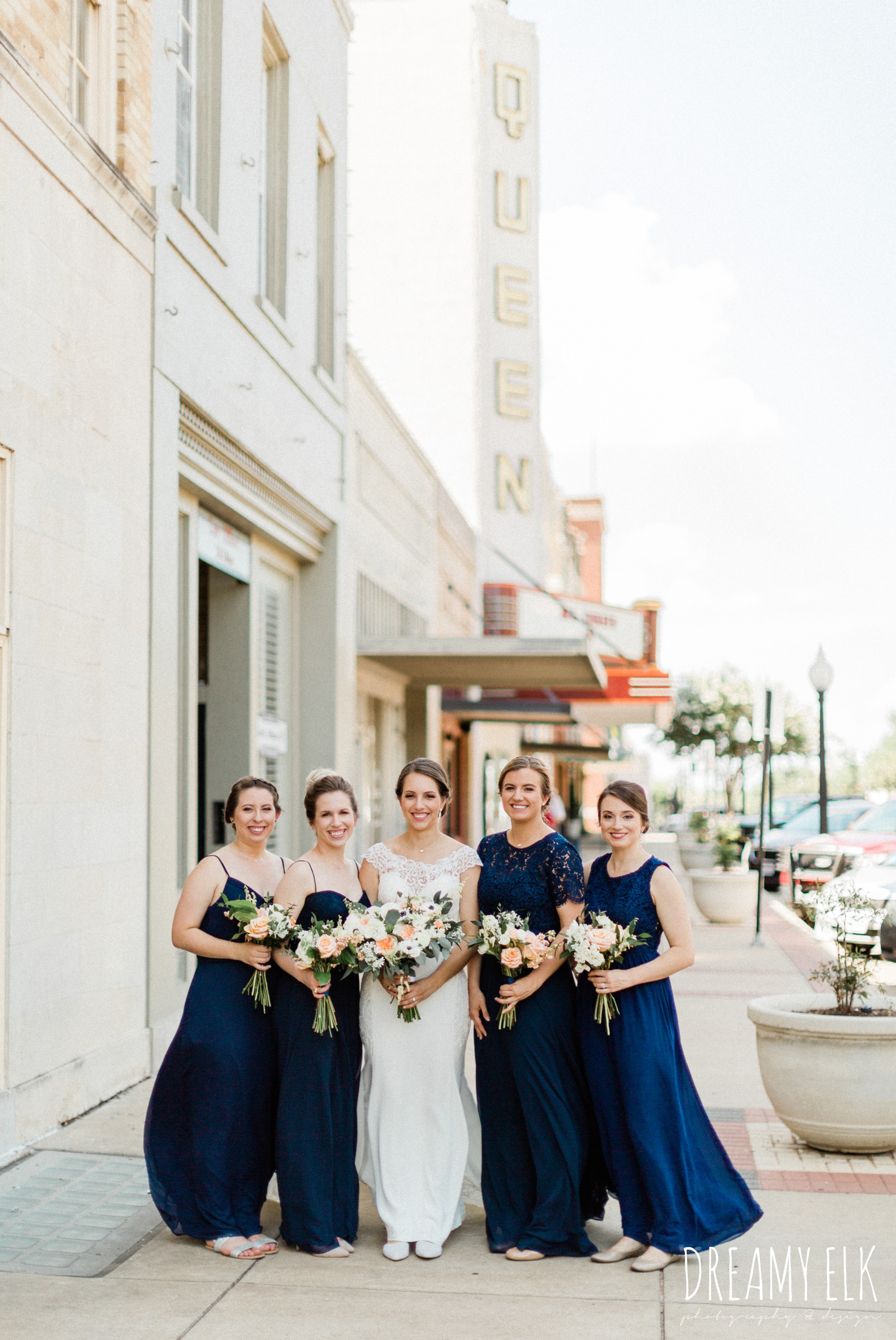 long navy mix matched bridesmaids dresses, bride, essense of australia column dress, unforgettable floral, spring wedding photo college station texas, dreamy elk photography and design