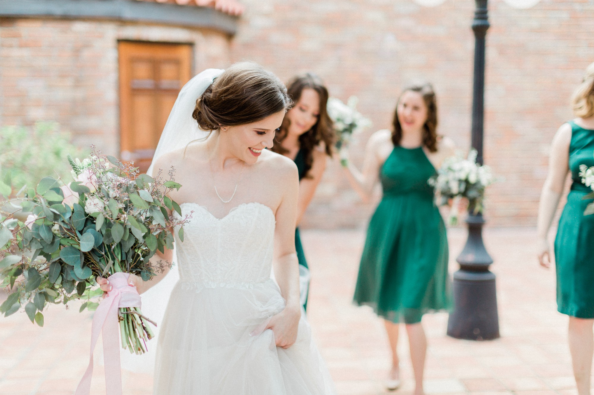 bride and bridesmaid, bhldn dress, emerald green bridesmaid, poison ivy floral design, spring wedding photo, the gallery, houston, texas, dreamy elk photography and design
