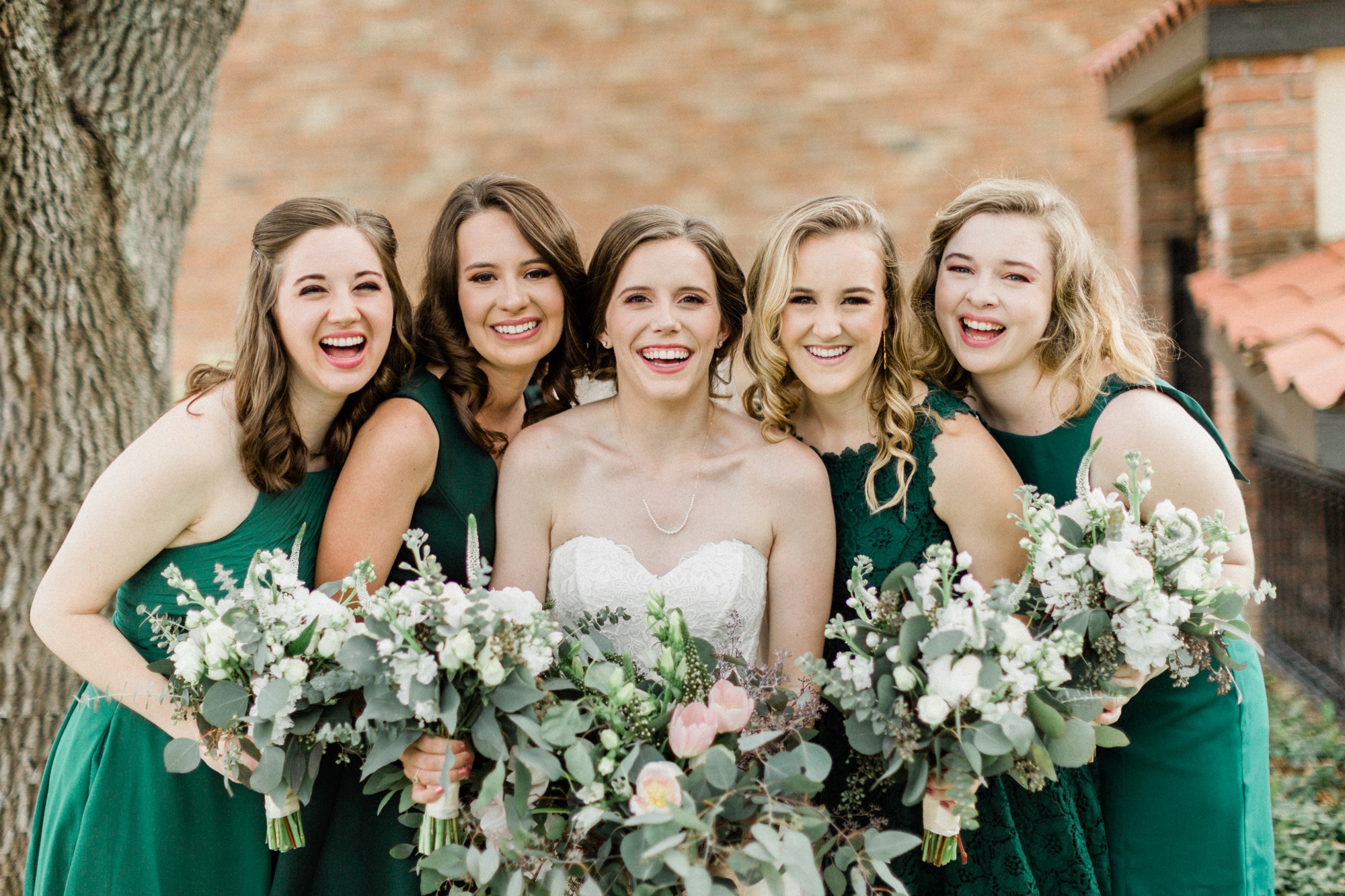 bride and bridesmaid, bhldn dress, emerald green bridesmaid, poison ivy floral design, spring wedding photo, the gallery, houston, texas, dreamy elk photography and design