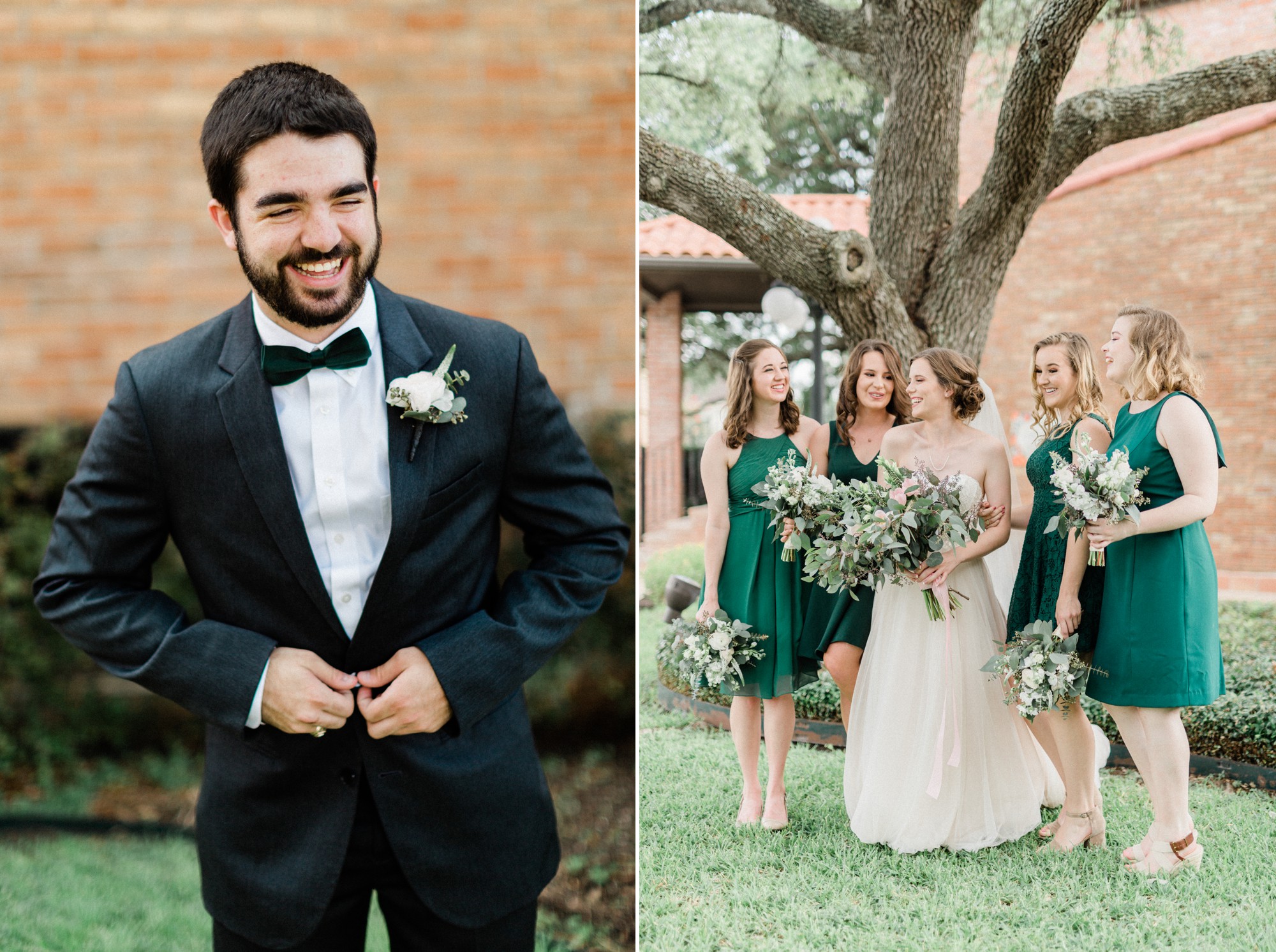 groom, black tux, bride and bridesmaid, bhldn dress, emerald green bridesmaid, poison ivy floral design, spring wedding photo, the gallery, houston, texas, dreamy elk photography and design