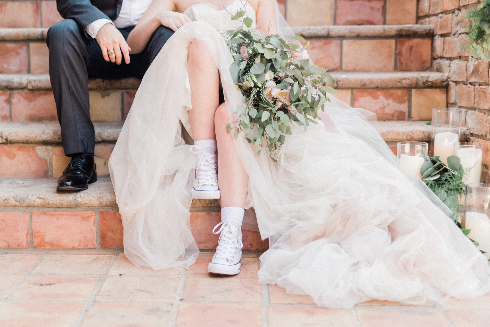 pink converse wedding shoes, groom, black tux, bride, bhldn dress, poison ivy floral design, spring wedding photo, the gallery, houston, texas, dreamy elk photography and design