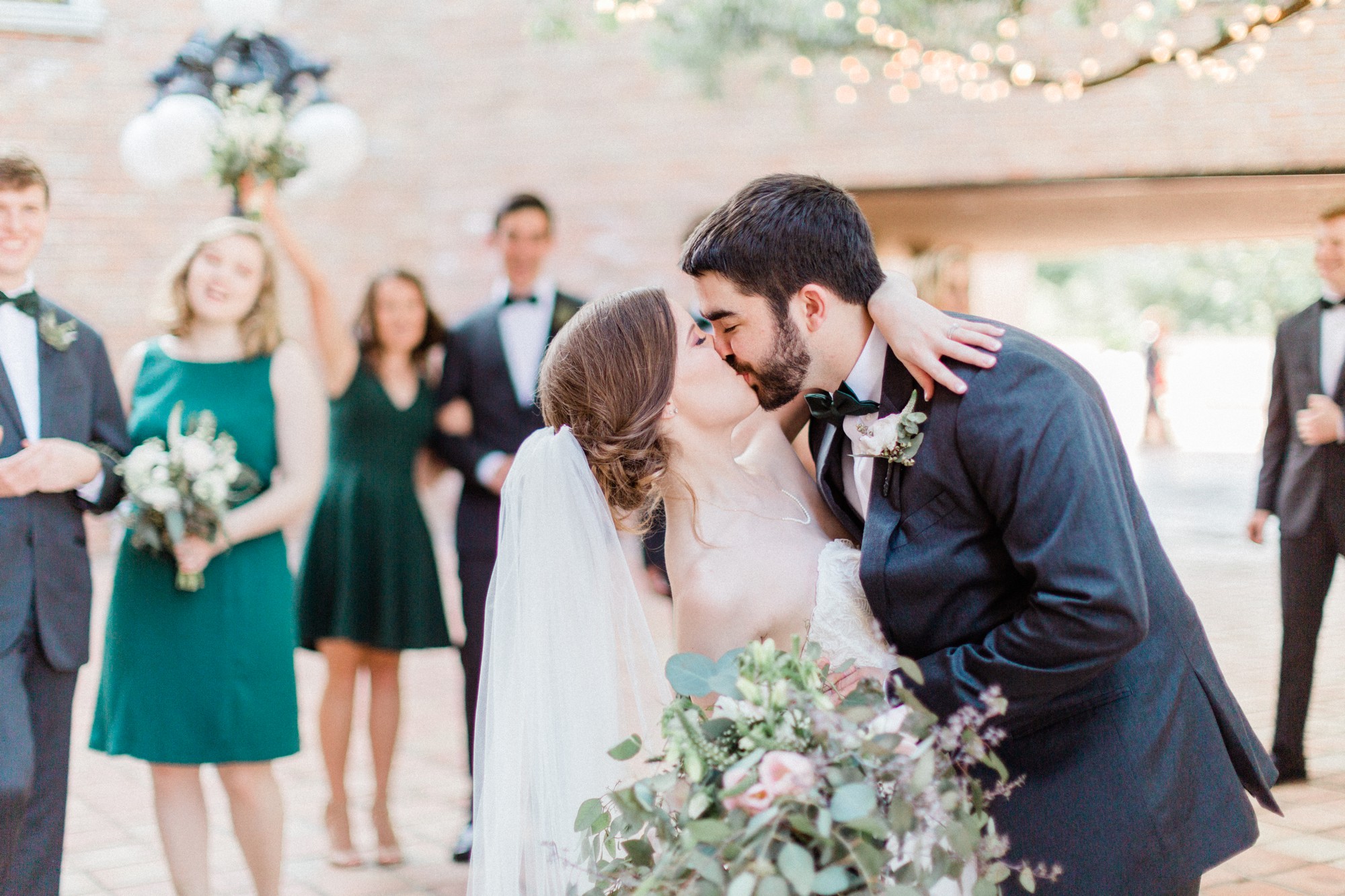 emerald bridesmaid dress, groom, black tux, bride, bhldn dress, poison ivy floral design, spring wedding photo, the gallery, houston, texas, dreamy elk photography and design