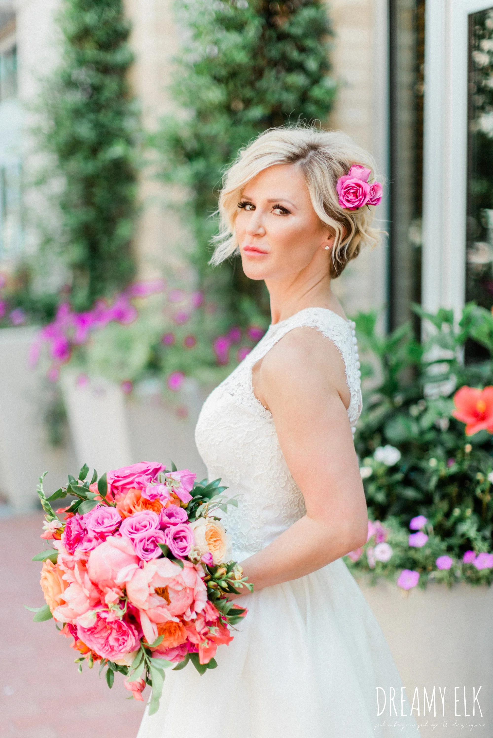 bride, michael faircloth, short wedding dress, spring colorful pink orange wedding photo, fort worth, texas, dreamy elk photography and design, jen rios weddings, kate foley designs