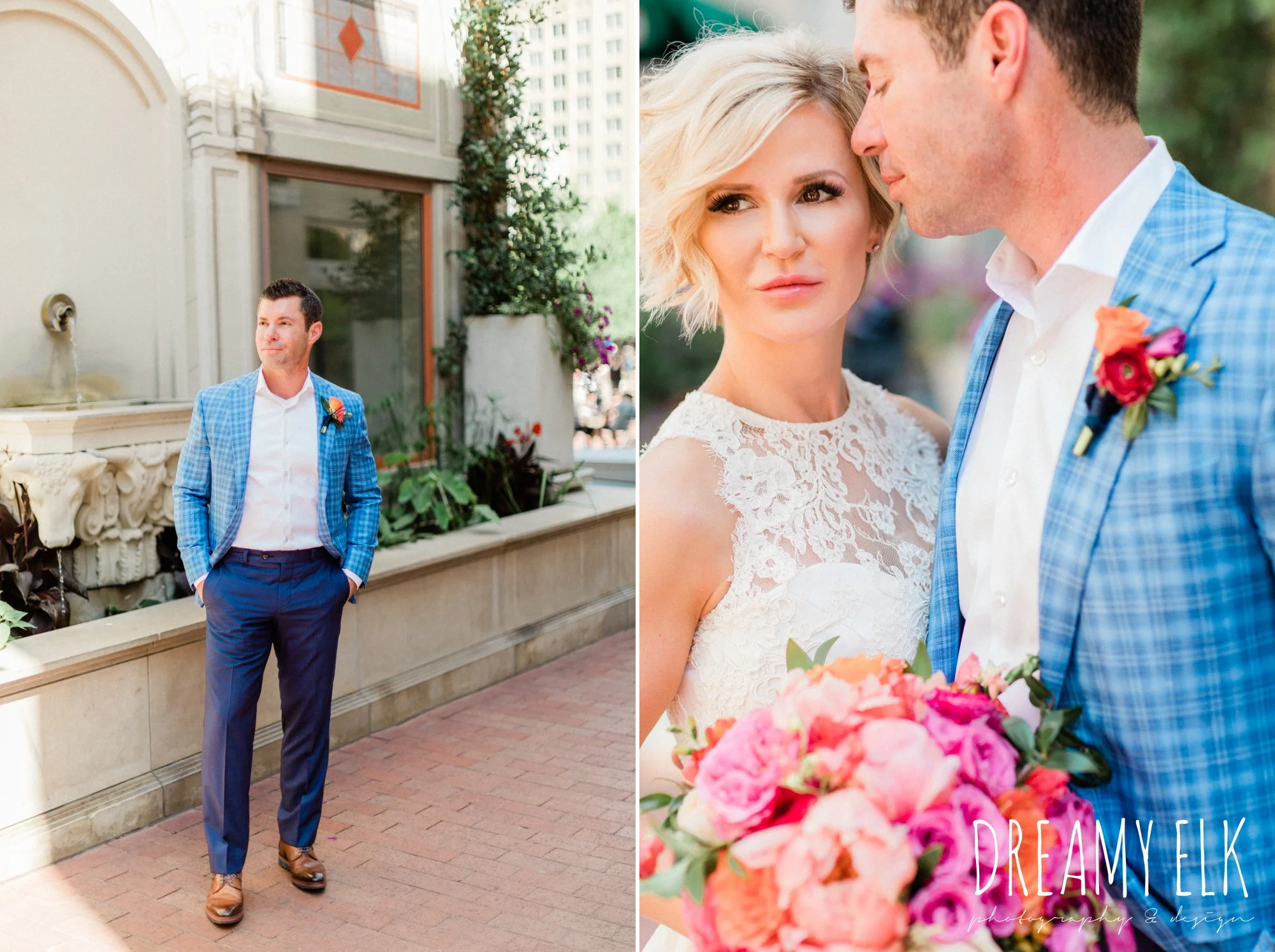 groom, ted baker, bride, michael faircloth, short wedding dress, spring colorful pink orange wedding photo, fort worth, texas, dreamy elk photography and design, jen rios weddings, kate foley designs