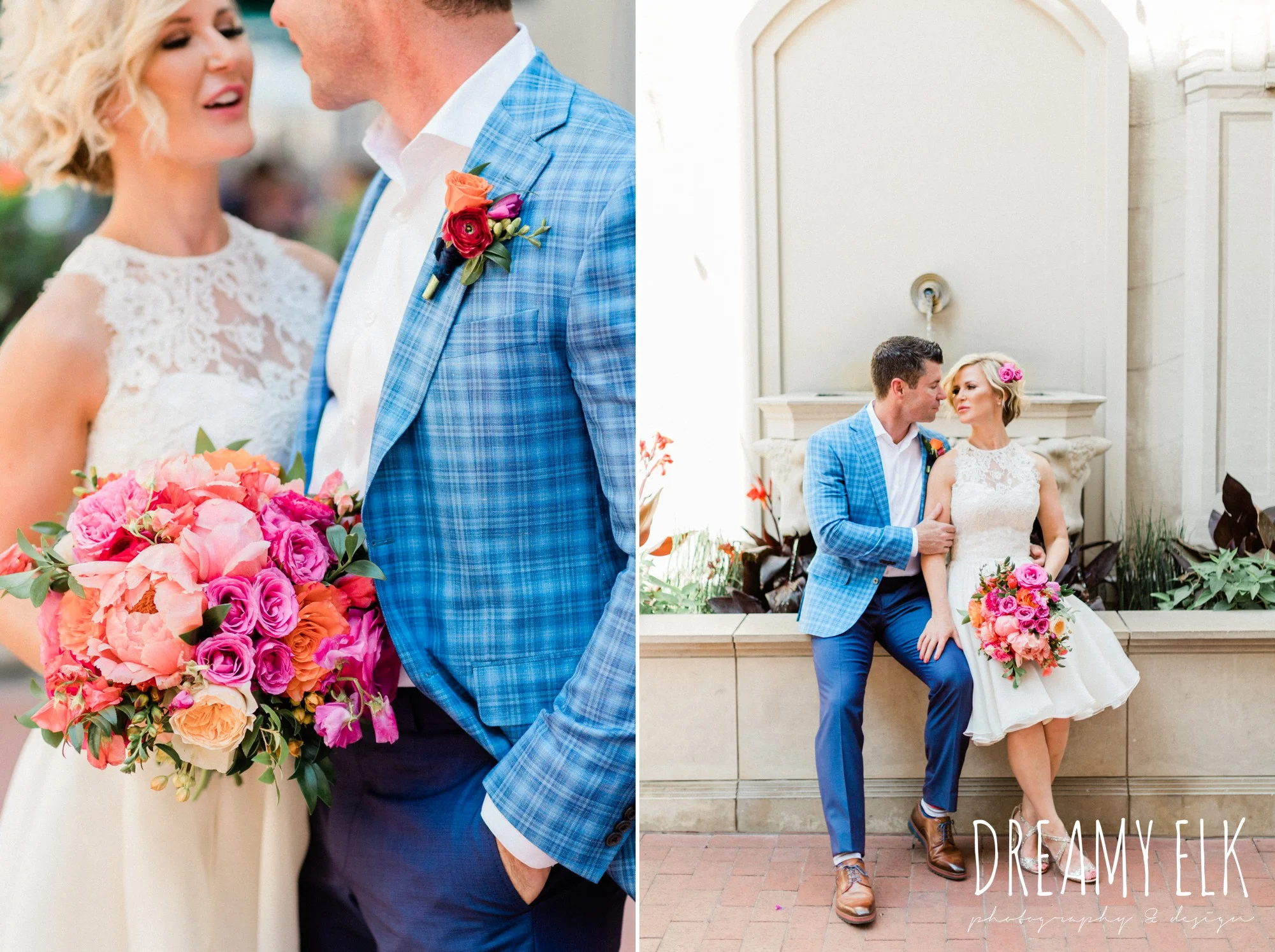 groom, ted baker, bride, michael faircloth, short wedding dress, spring colorful pink orange wedding photo, fort worth, texas, dreamy elk photography and design, jen rios weddings, kate foley designs