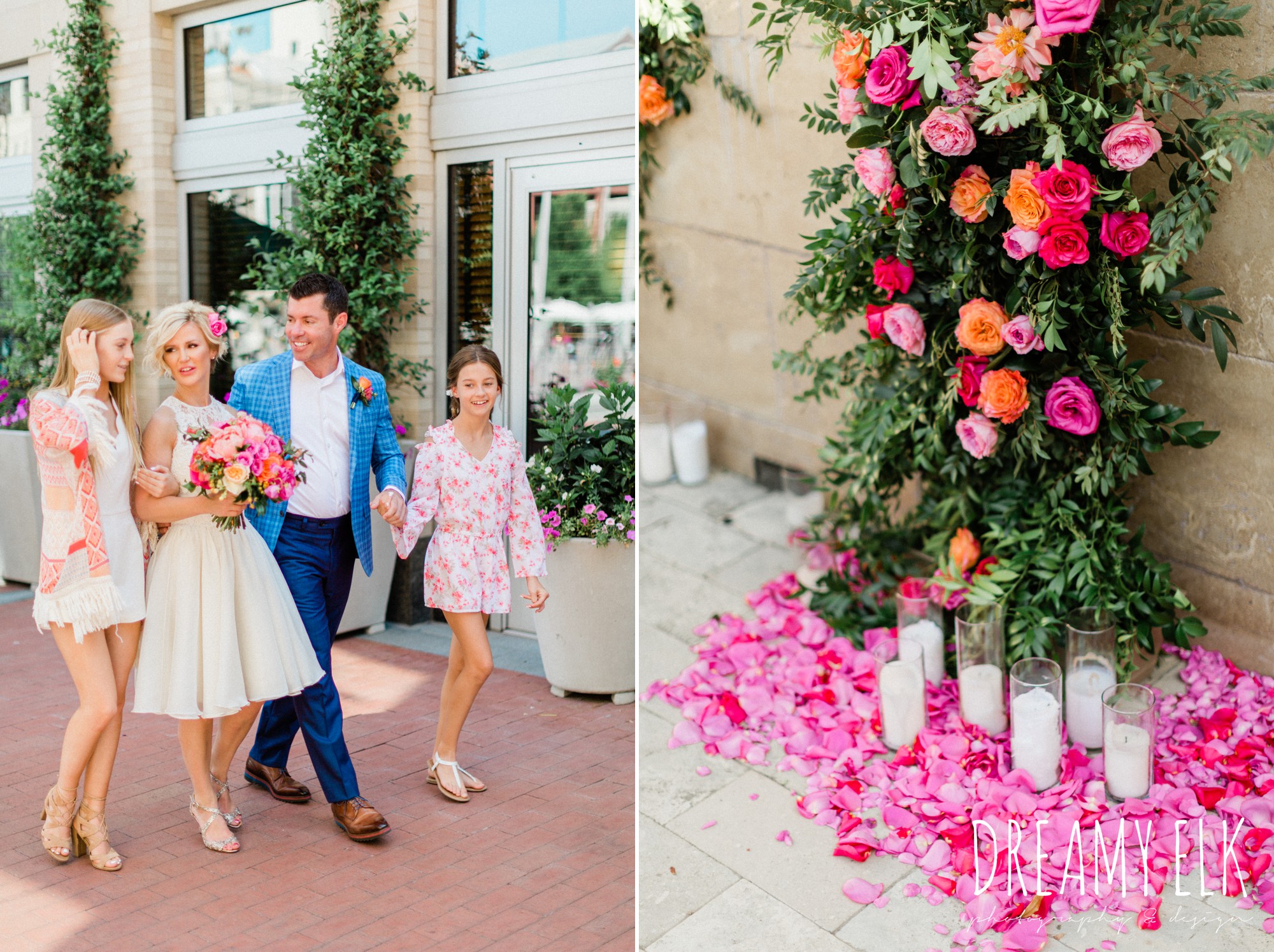 groom, ted baker, bride, michael faircloth, short wedding dress, spring colorful pink orange wedding photo, fort worth, texas, dreamy elk photography and design, jen rios weddings, kate foley designs