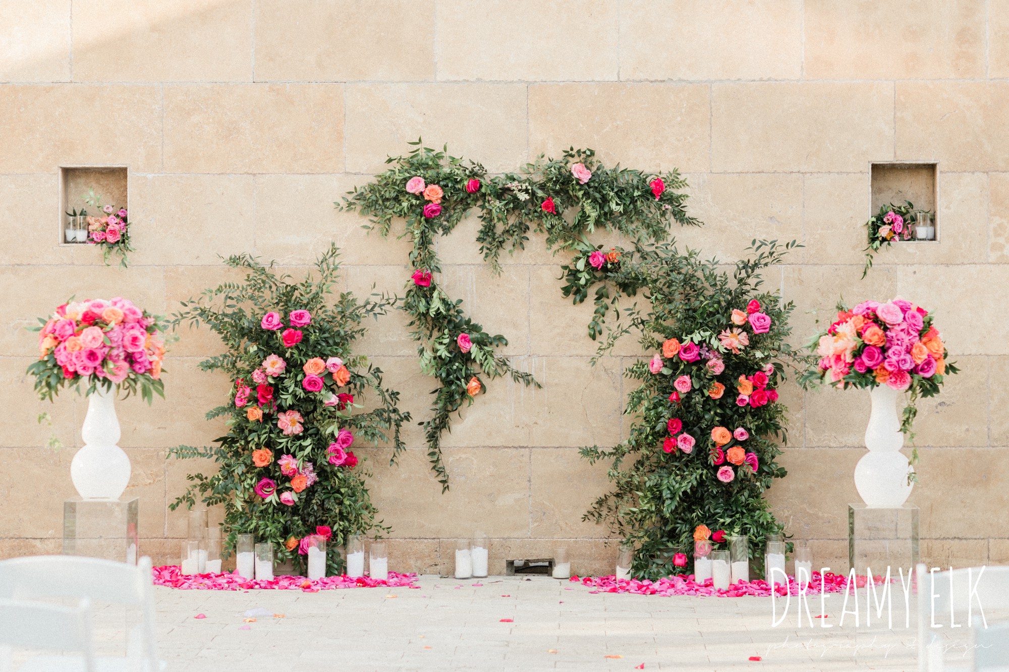 floral arch, spring colorful pink orange wedding photo, fort worth, texas, dreamy elk photography and design, jen rios weddings, kate foley designs