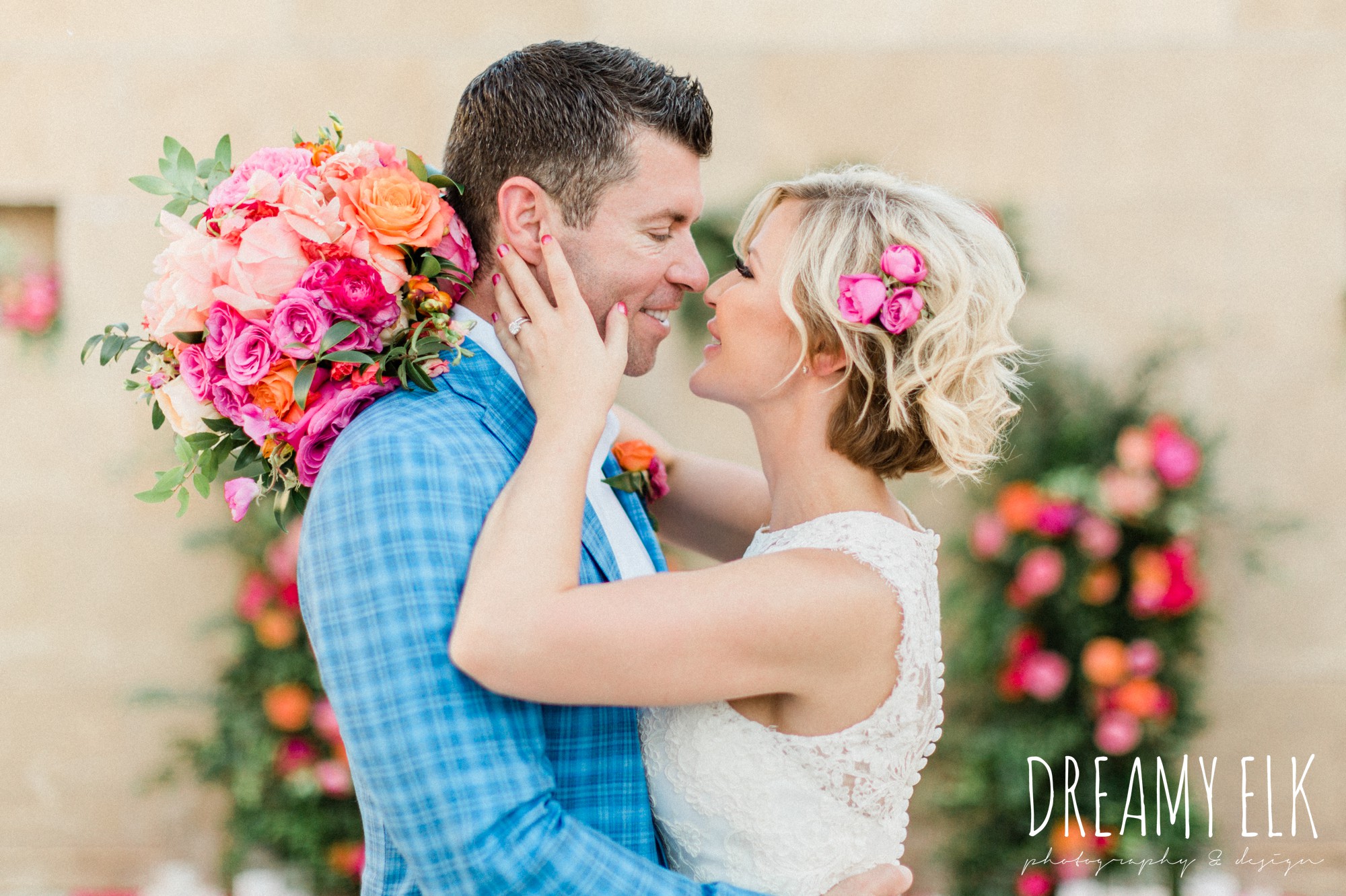 groom, ted baker, bride, michael faircloth, short wedding dress, spring colorful pink orange wedding photo, fort worth, texas, dreamy elk photography and design, jen rios weddings, kate foley designs