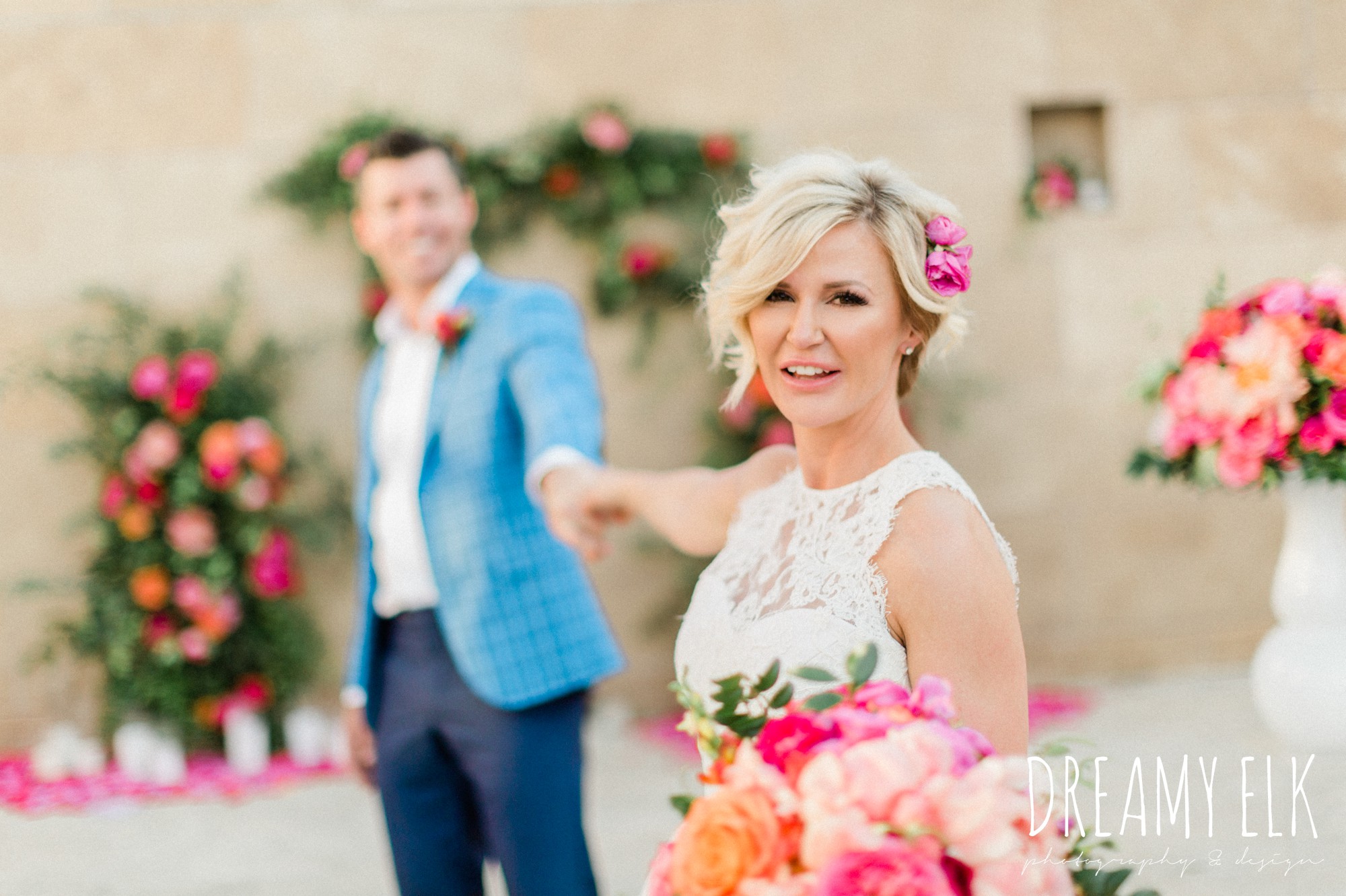 groom, ted baker, bride, michael faircloth, short wedding dress, spring colorful pink orange wedding photo, fort worth, texas, dreamy elk photography and design, jen rios weddings, kate foley designs