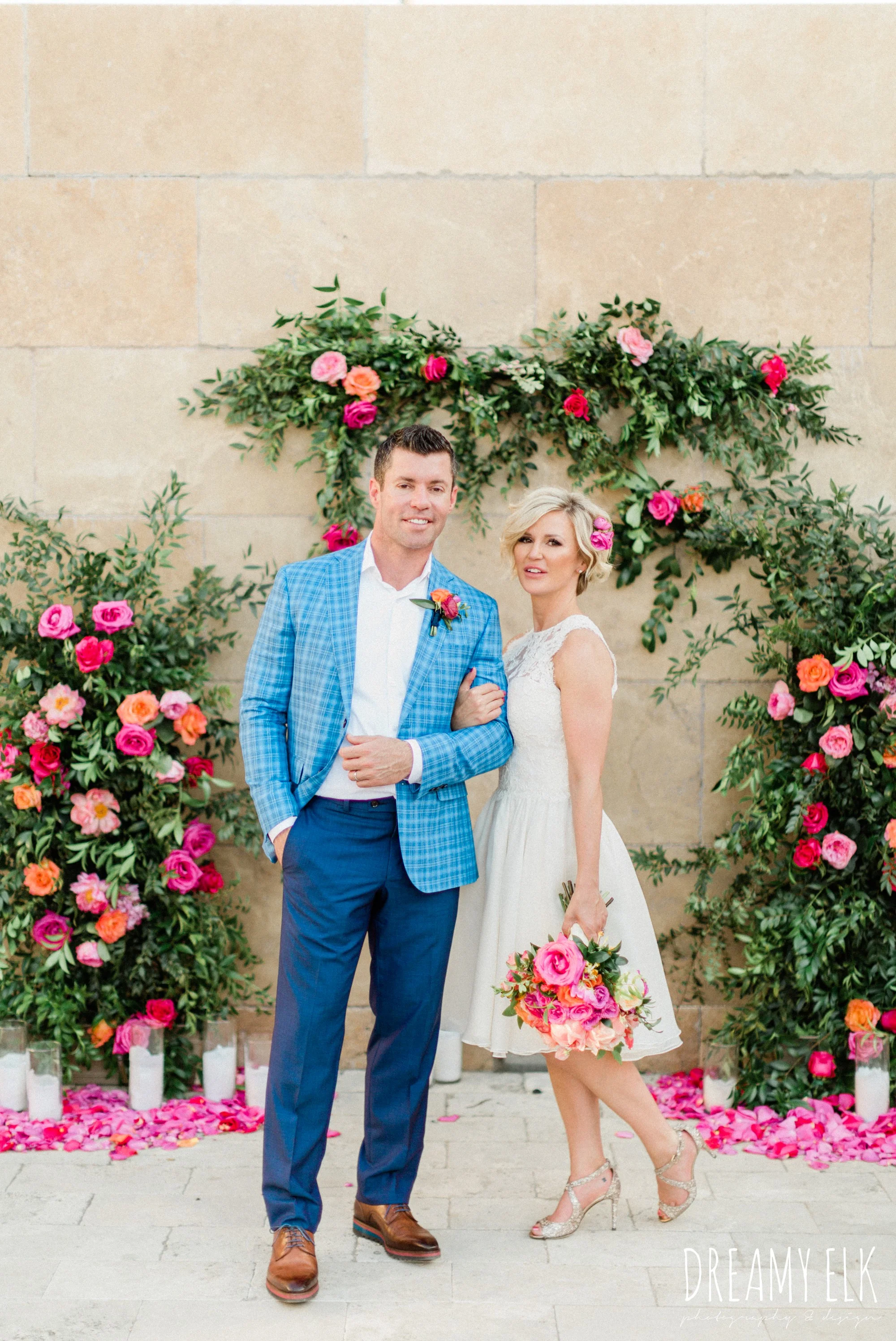 groom, ted baker, bride, michael faircloth, short wedding dress, spring colorful pink orange wedding photo, fort worth, texas, dreamy elk photography and design, jen rios weddings, kate foley designs