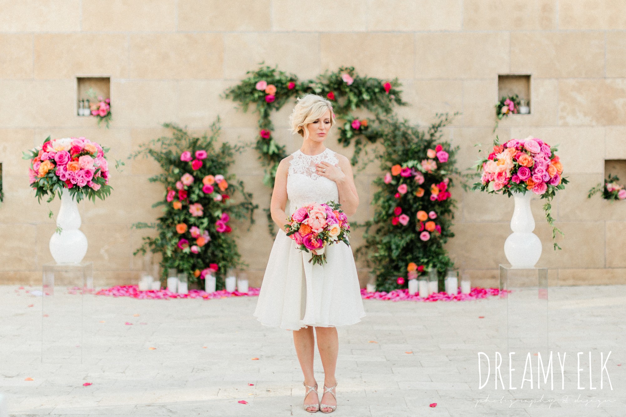 bride, michael faircloth, short wedding dress, spring colorful pink orange wedding photo, fort worth, texas, dreamy elk photography and design, jen rios weddings, kate foley designs