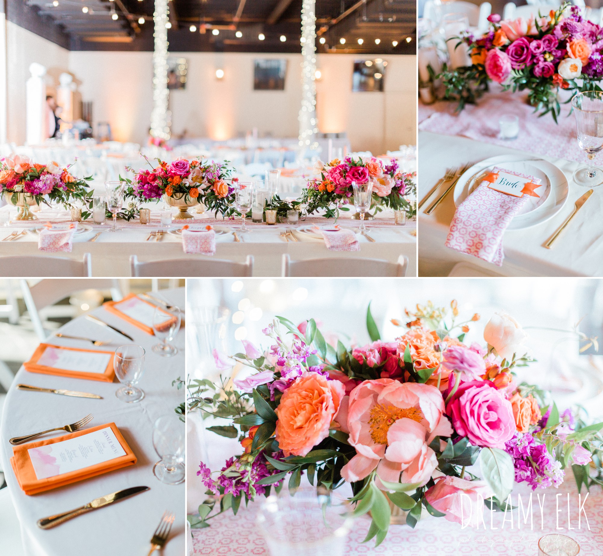 reception decor, spring colorful pink orange wedding photo, fort worth, texas, dreamy elk photography and design, jen rios weddings, kate foley designs