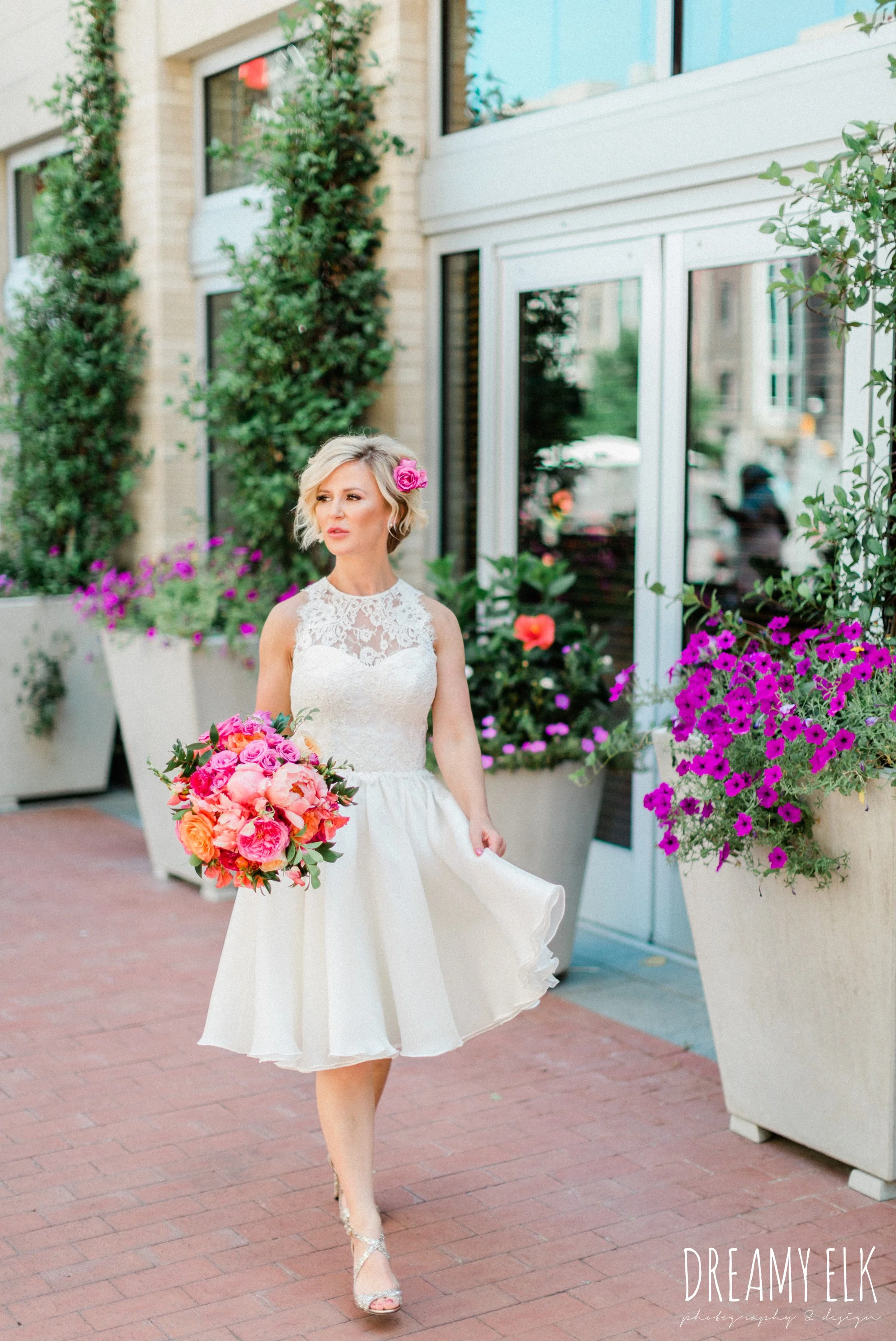 bride, michael faircloth, short wedding dress, spring colorful pink orange wedding photo, fort worth, texas, dreamy elk photography and design, jen rios weddings, kate foley designs