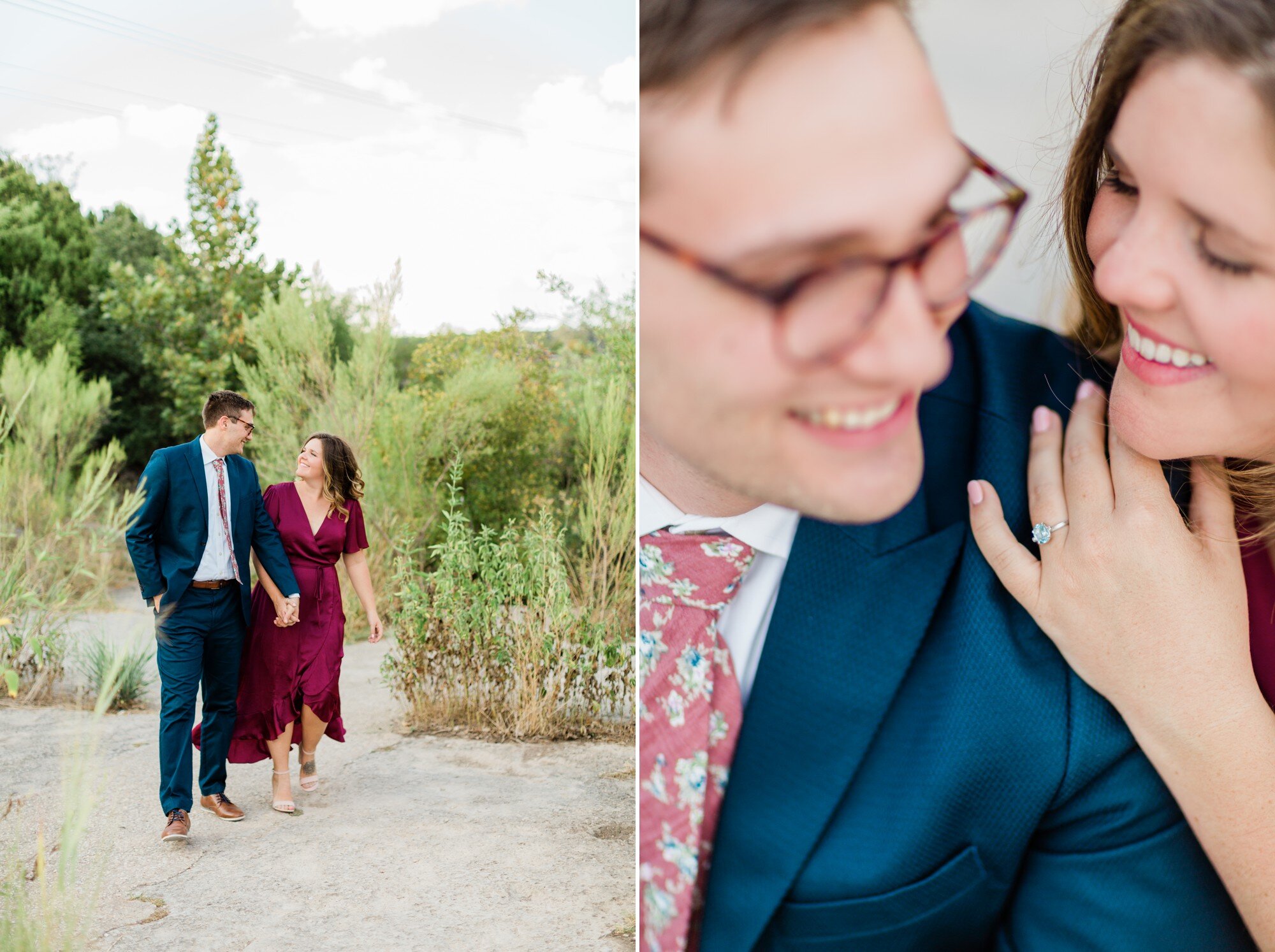 bull creek park austin texas engagement photo, burgundy dress and suit, aquamarine engagement ring