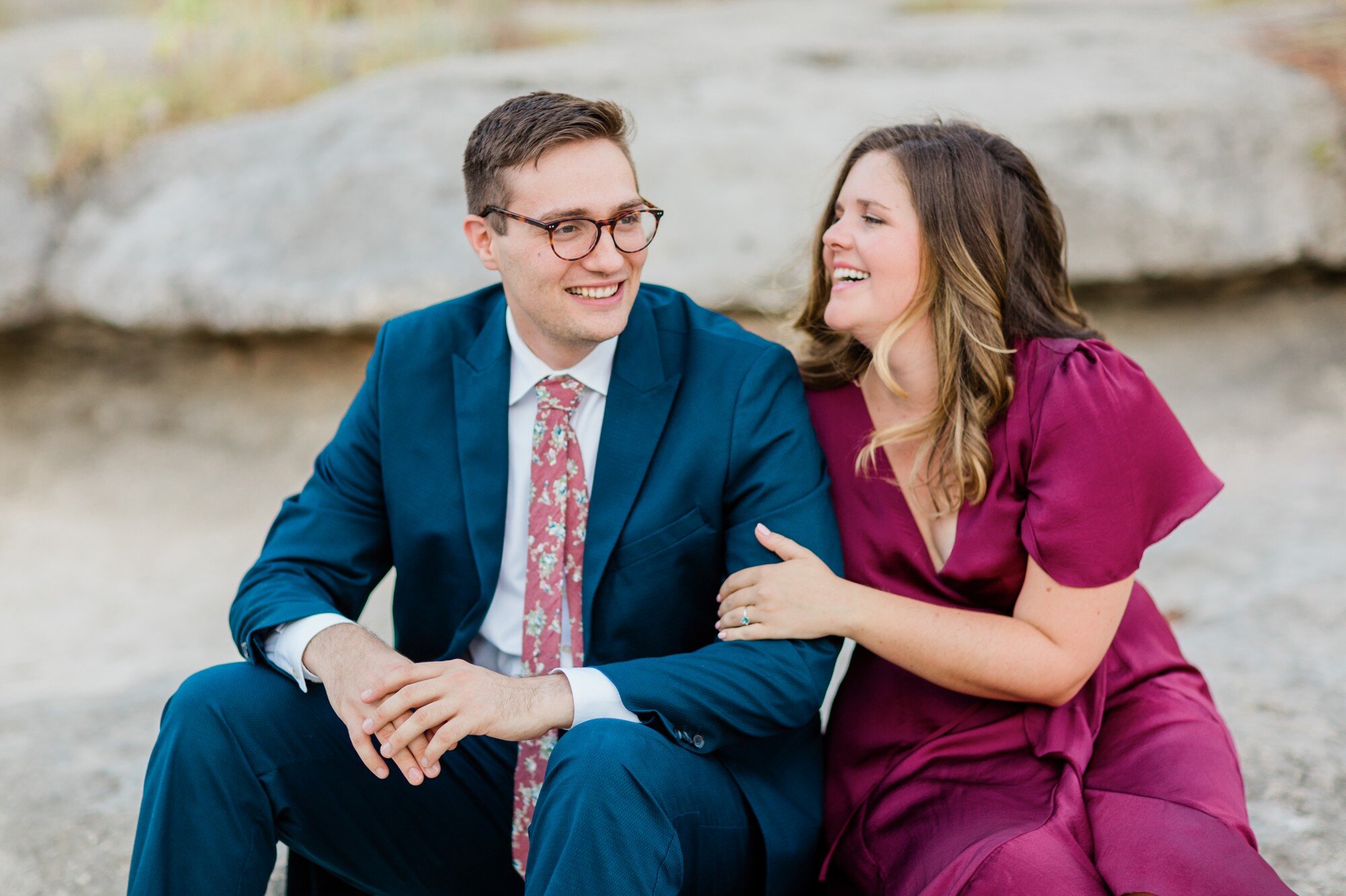 bull creek park austin texas engagement photo, burgundy dress and suit