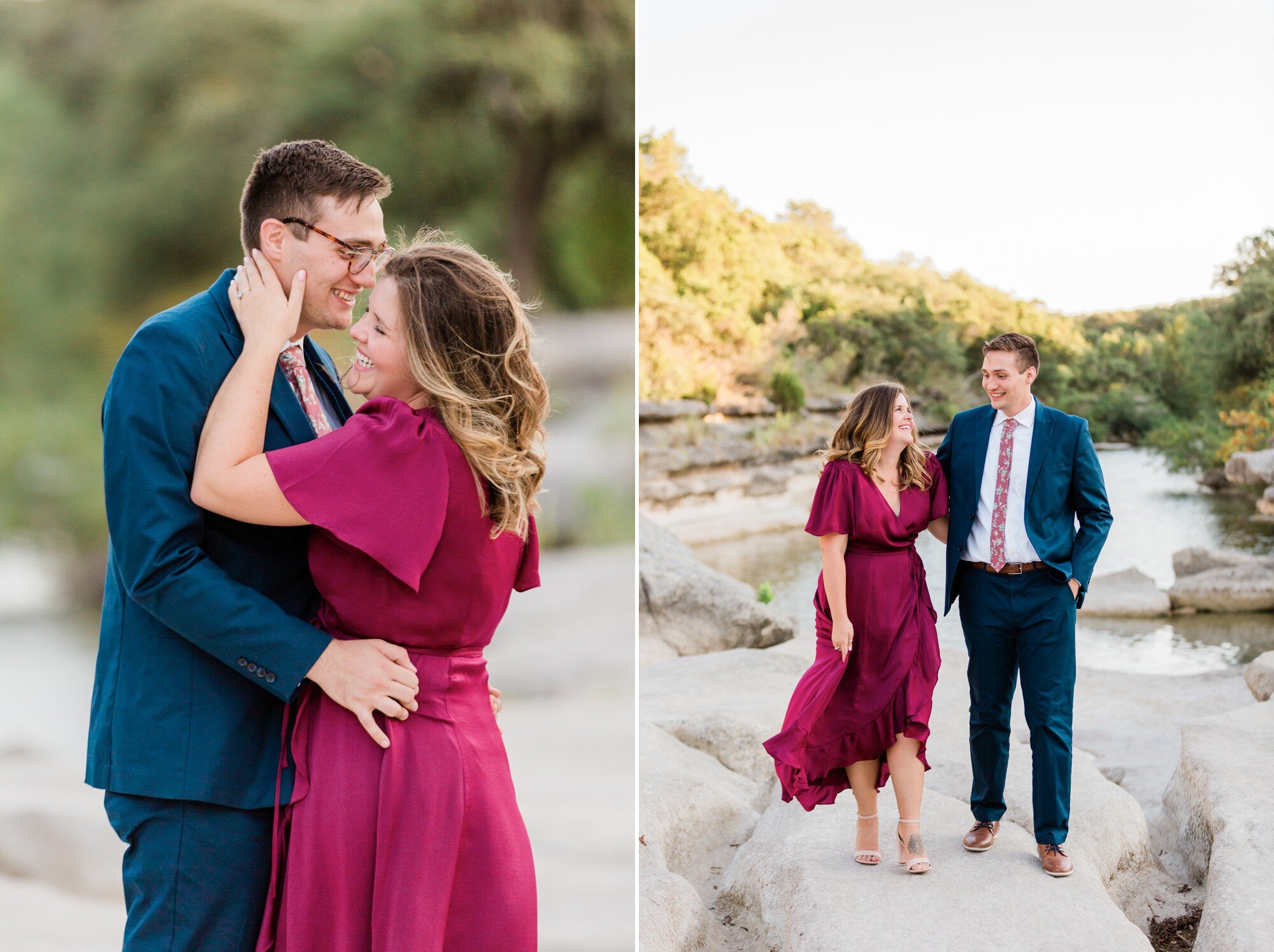 bull creek park austin texas engagement photo, burgundy dress and suit