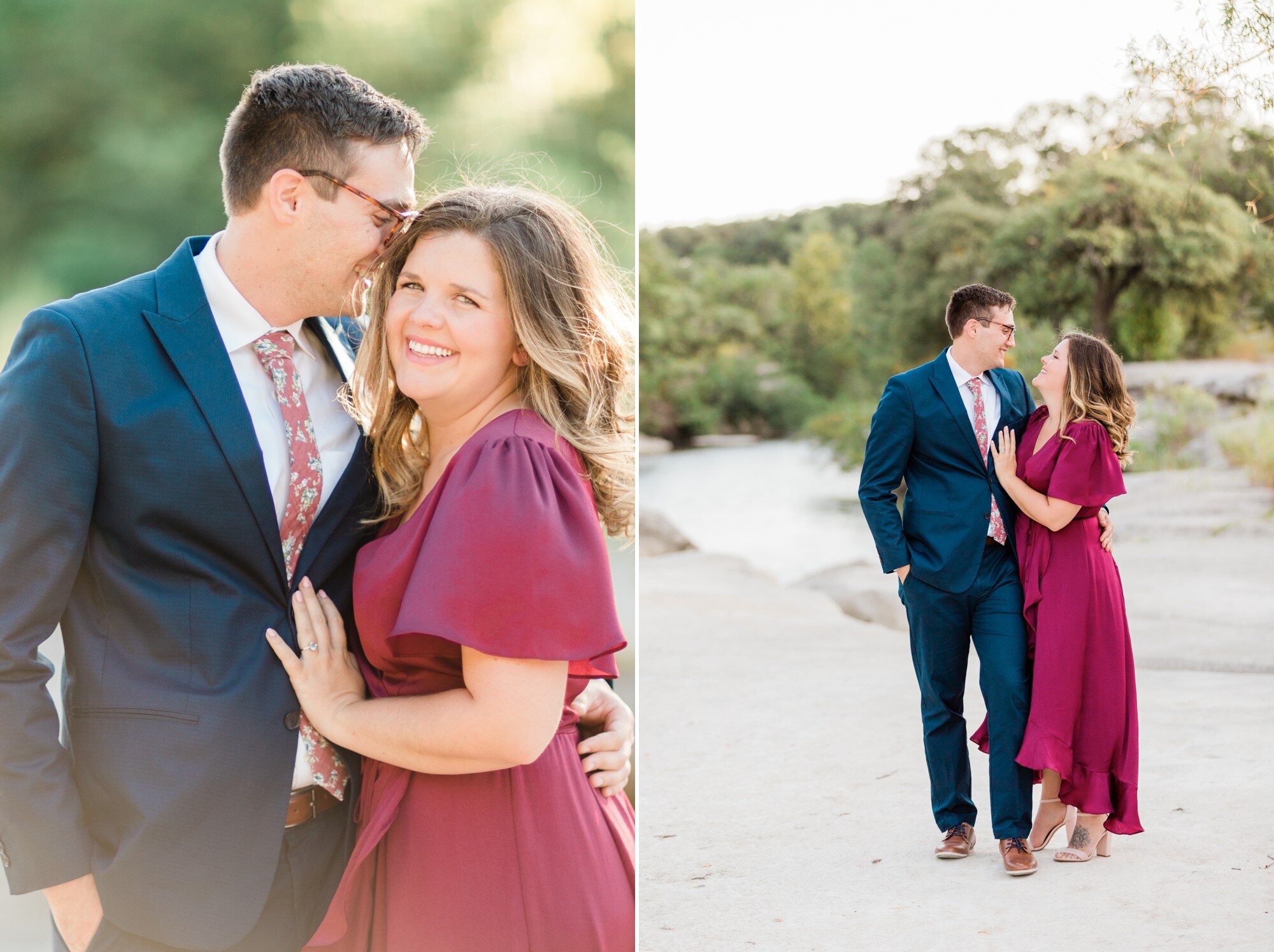 bull creek park austin texas engagement photo, burgundy dress and suit