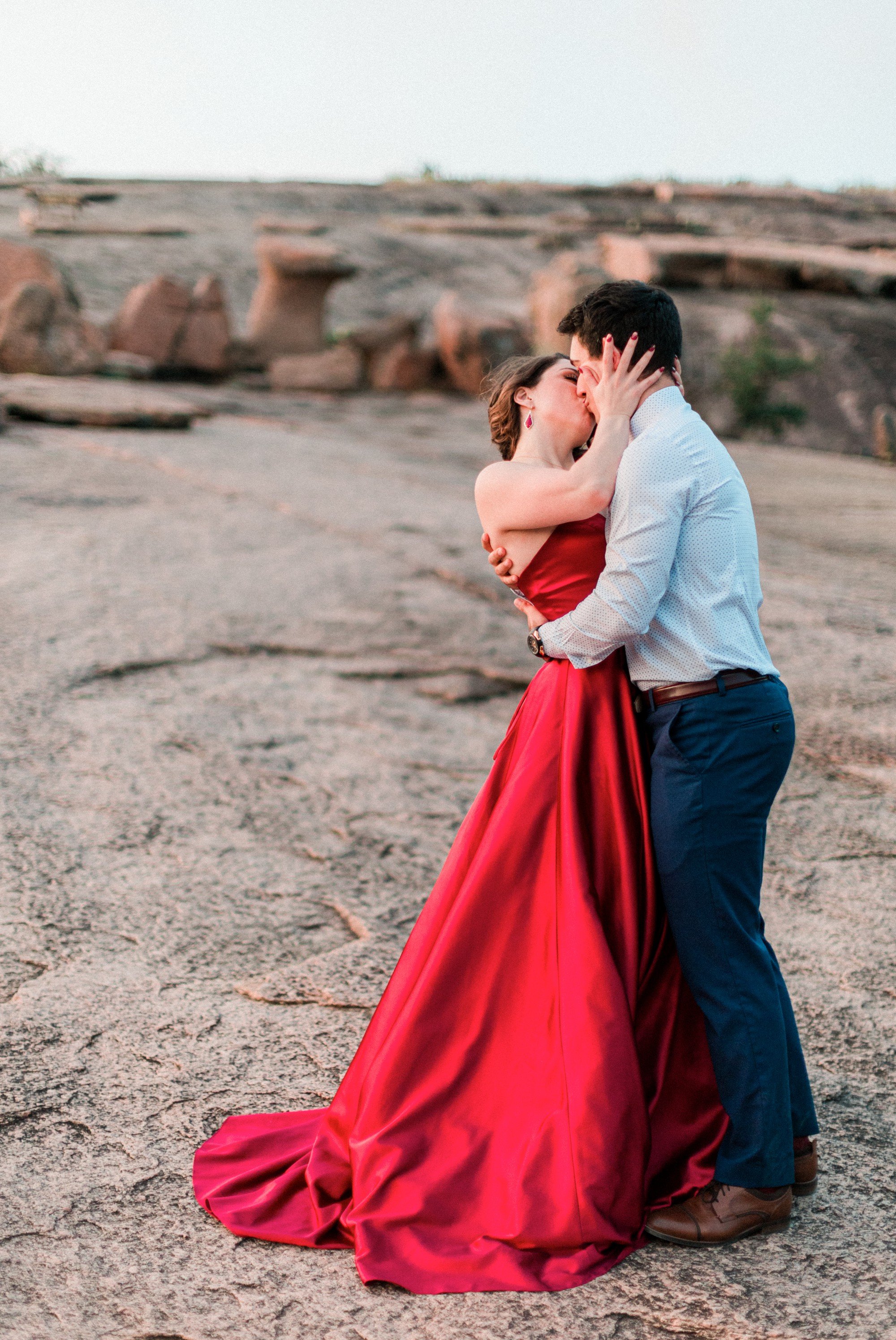  formal red dress, enchanted rock engagement photo 