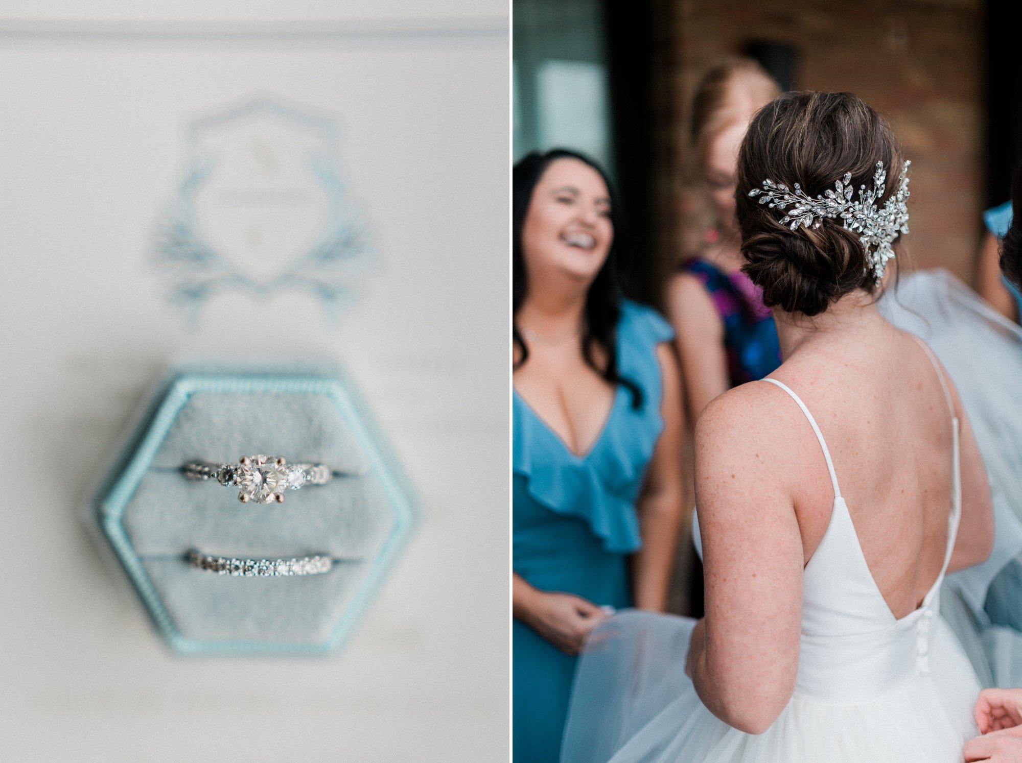 low back wedding dress and wedding hair piece