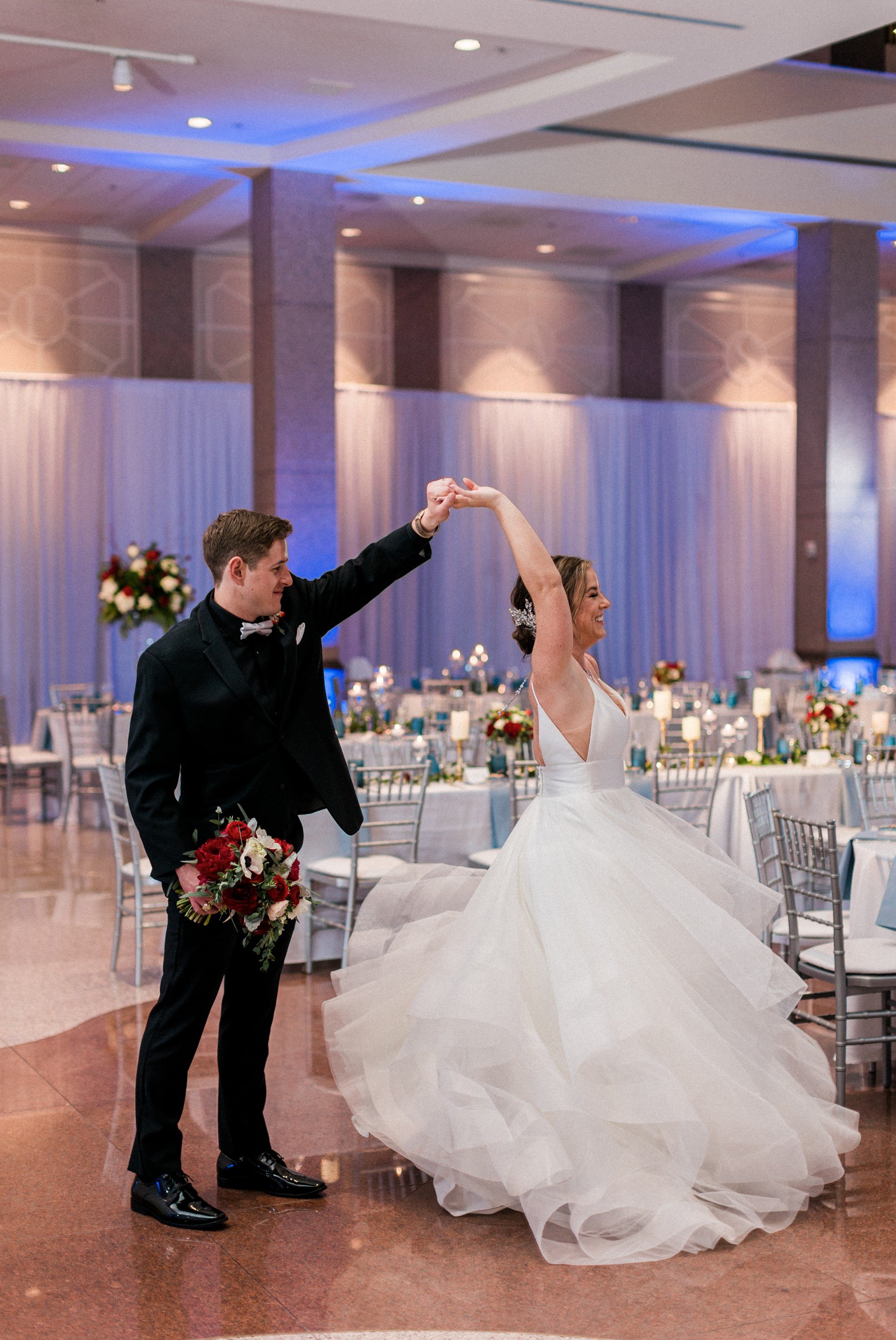 bride and groom dancing at bob bullock museum