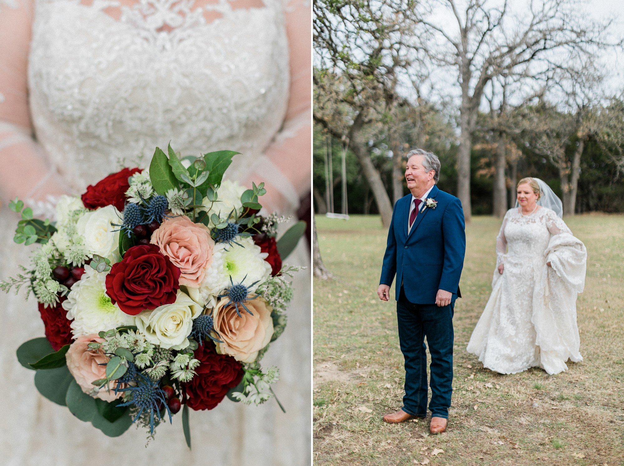 blush and red winter wedding bouquet