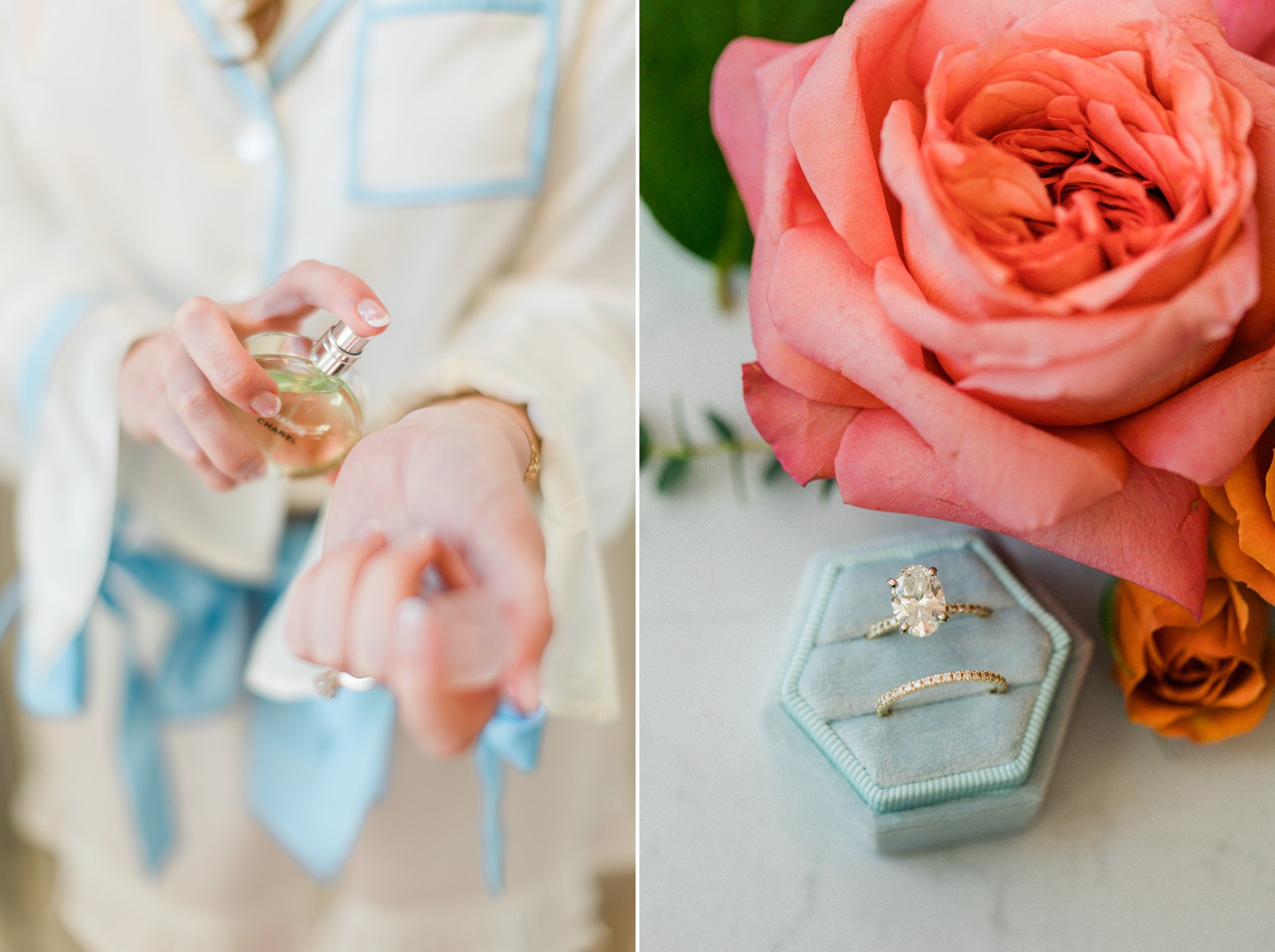 blue ring box with solitarie engagement ring