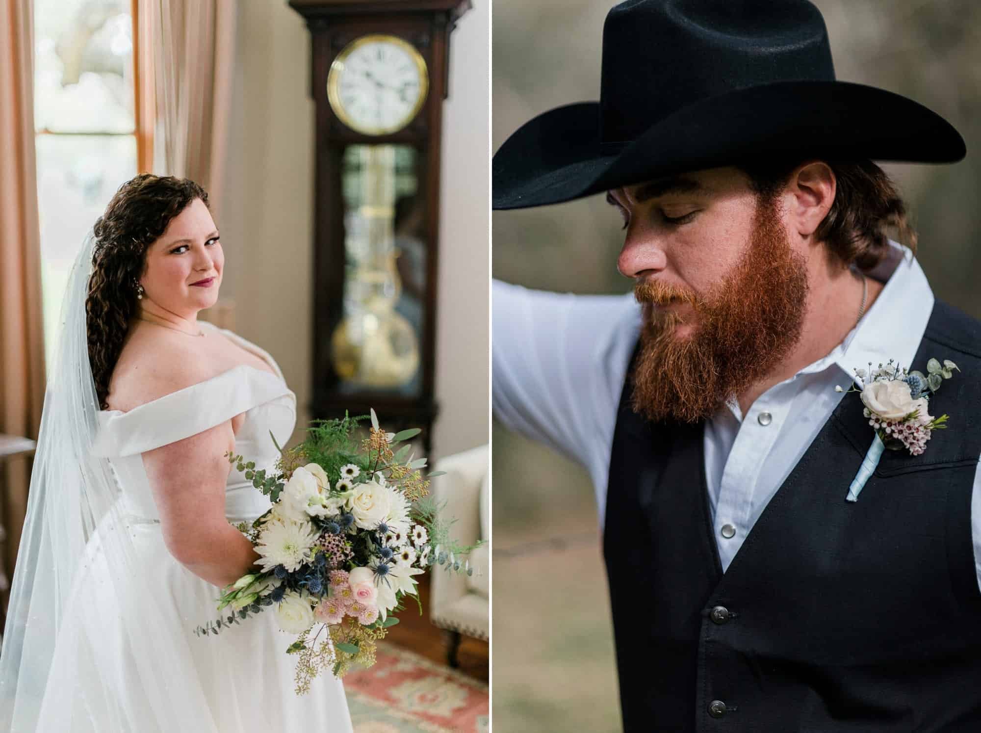 vest and cowboy hat for groom, off the shoulder wedding dress