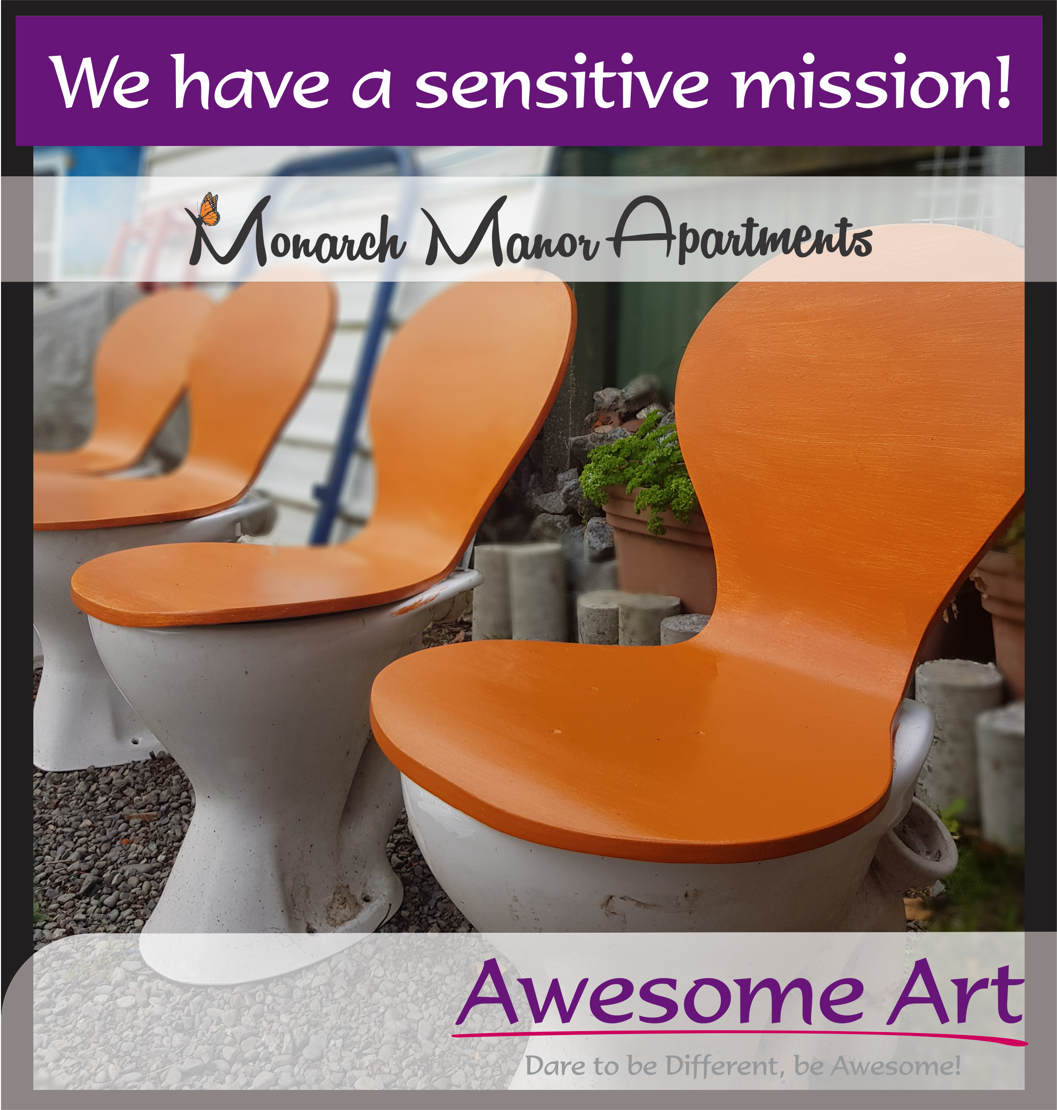 Monarch Manor Apartments are creating a conversation piece for their outdoor seating. What it needs is pithy, tongue in cheek quotes for each of the four 'seats'. The four cleverest quotes go on the seats. Your reward - - Photo beside your comment on one of the potty talk seats. - Care Bear. - Anzac Biscuits. - Easter Egg/Bunny. - Bottle of Bubbles. Like this post, share to your page with your quote or quotes tagging @Awesome Art and @Monarch Manor Apartments