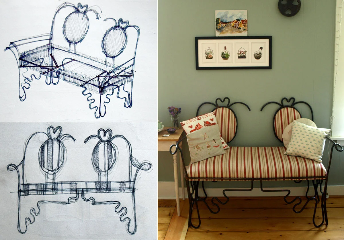Pictured above: ‘Mormor’s Bench’, a piece through which I explored steel rod as a drawing tool, seeking to recreate from a childhood memory a sketch of the traditional Swedish kitchen bench in my grandmother’s house