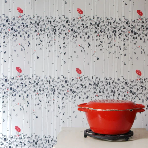 Birch Trees/Red Umbrella Wallpaper, Purchase by the yard here