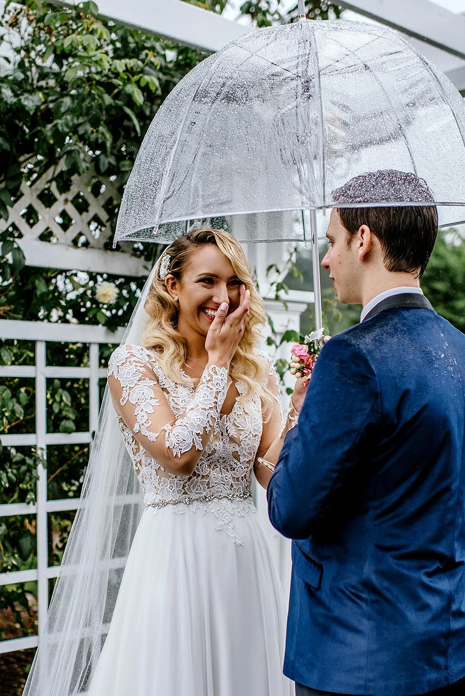 Tearful wedding vows in the rain