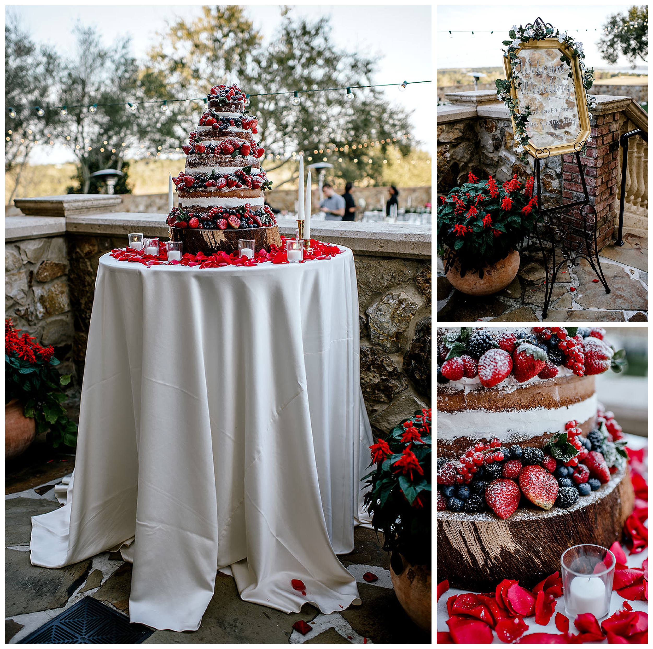 Beautiful naked wedding cake filled with fruit, with red rose petals all around it
