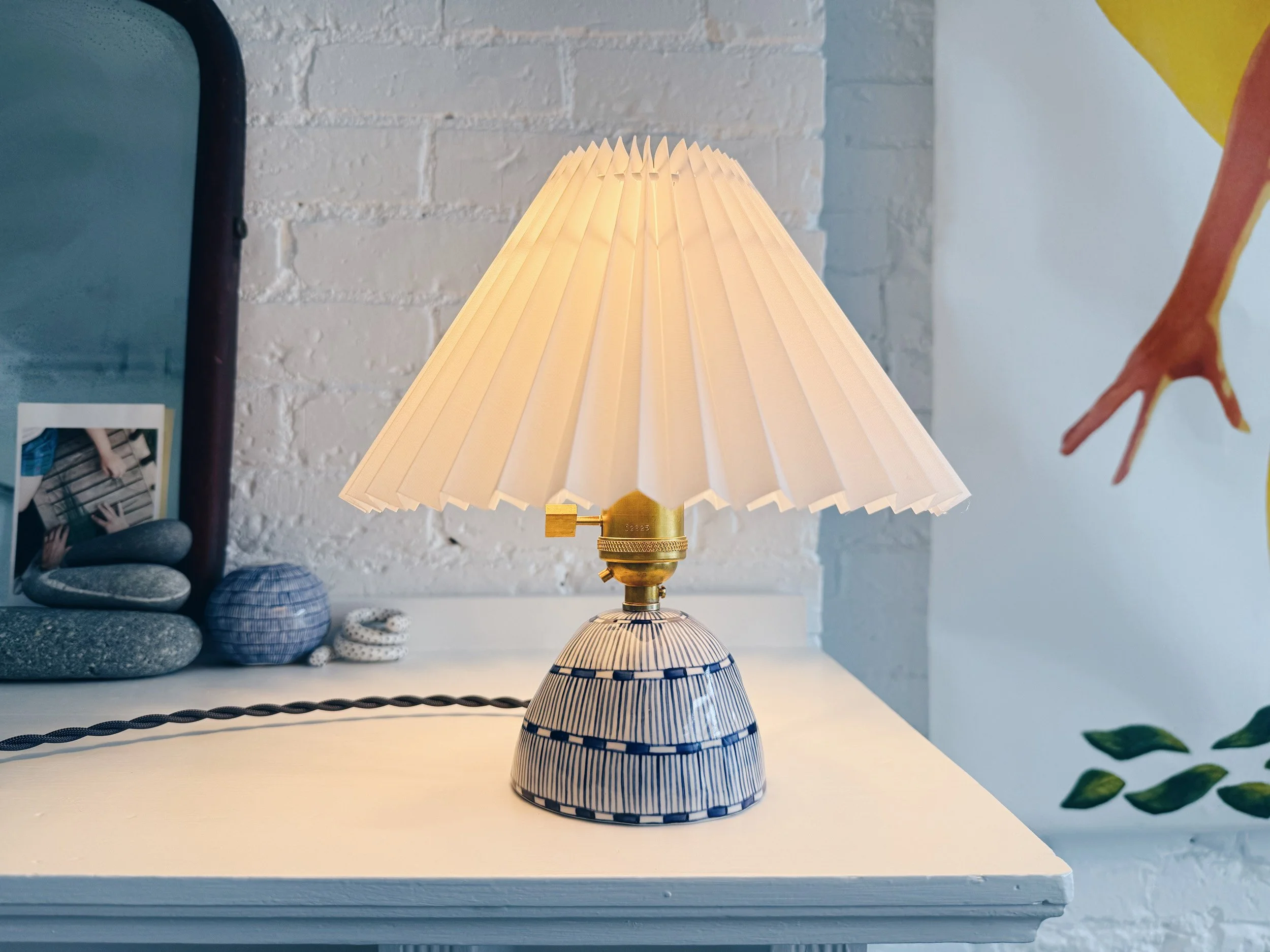 Blue and white, handmade ceramic lamp.