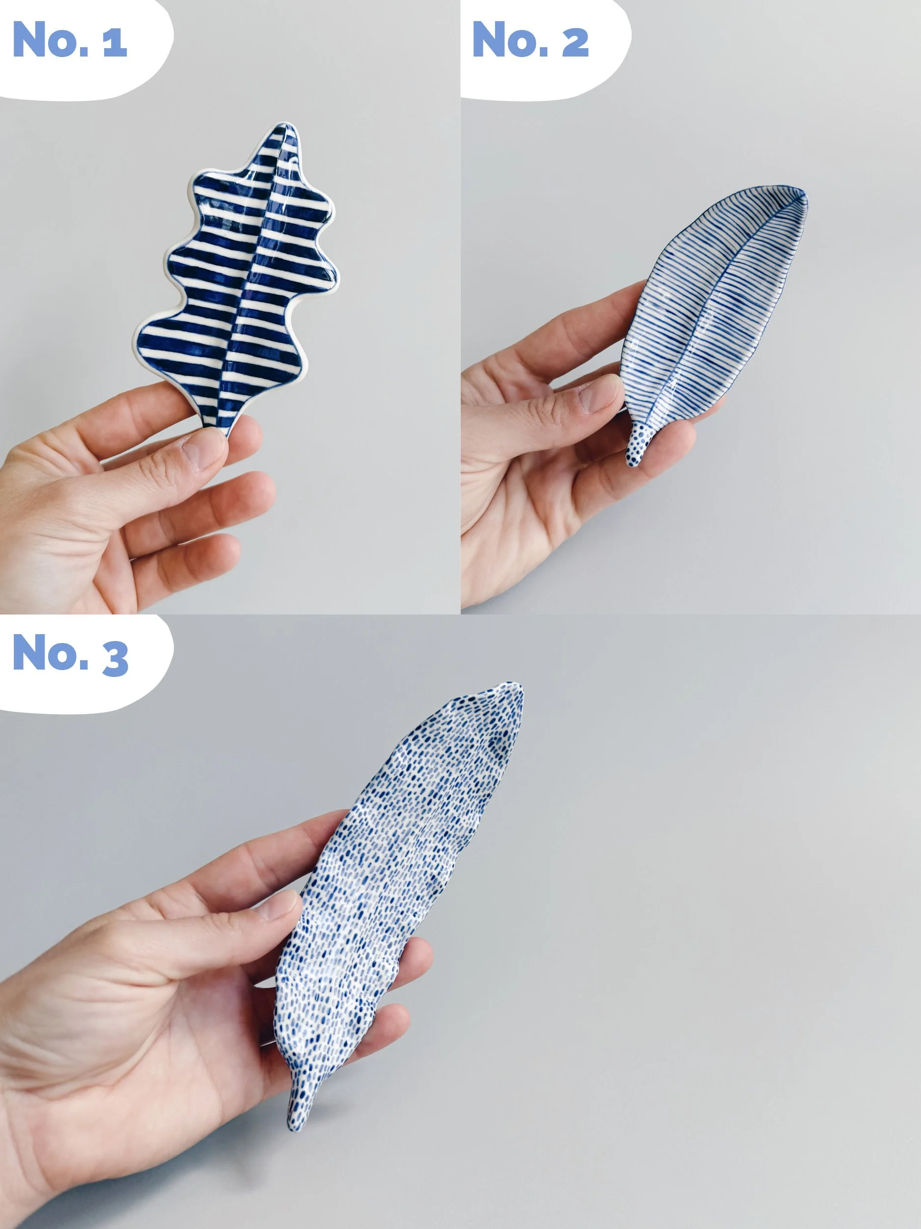 Blue and white, handmade ceramic leaf.