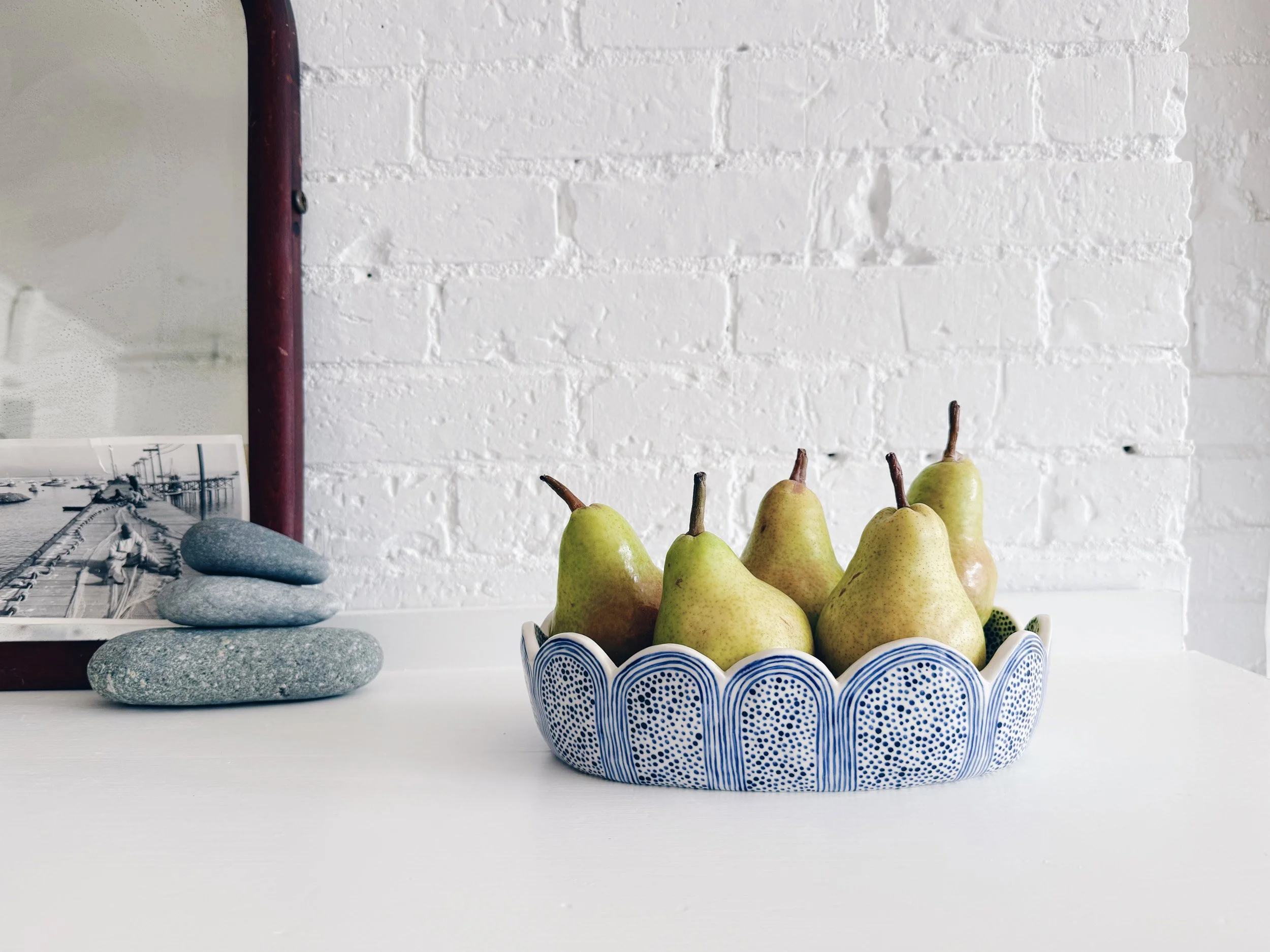 Blue and white, handmade ceramic dish.