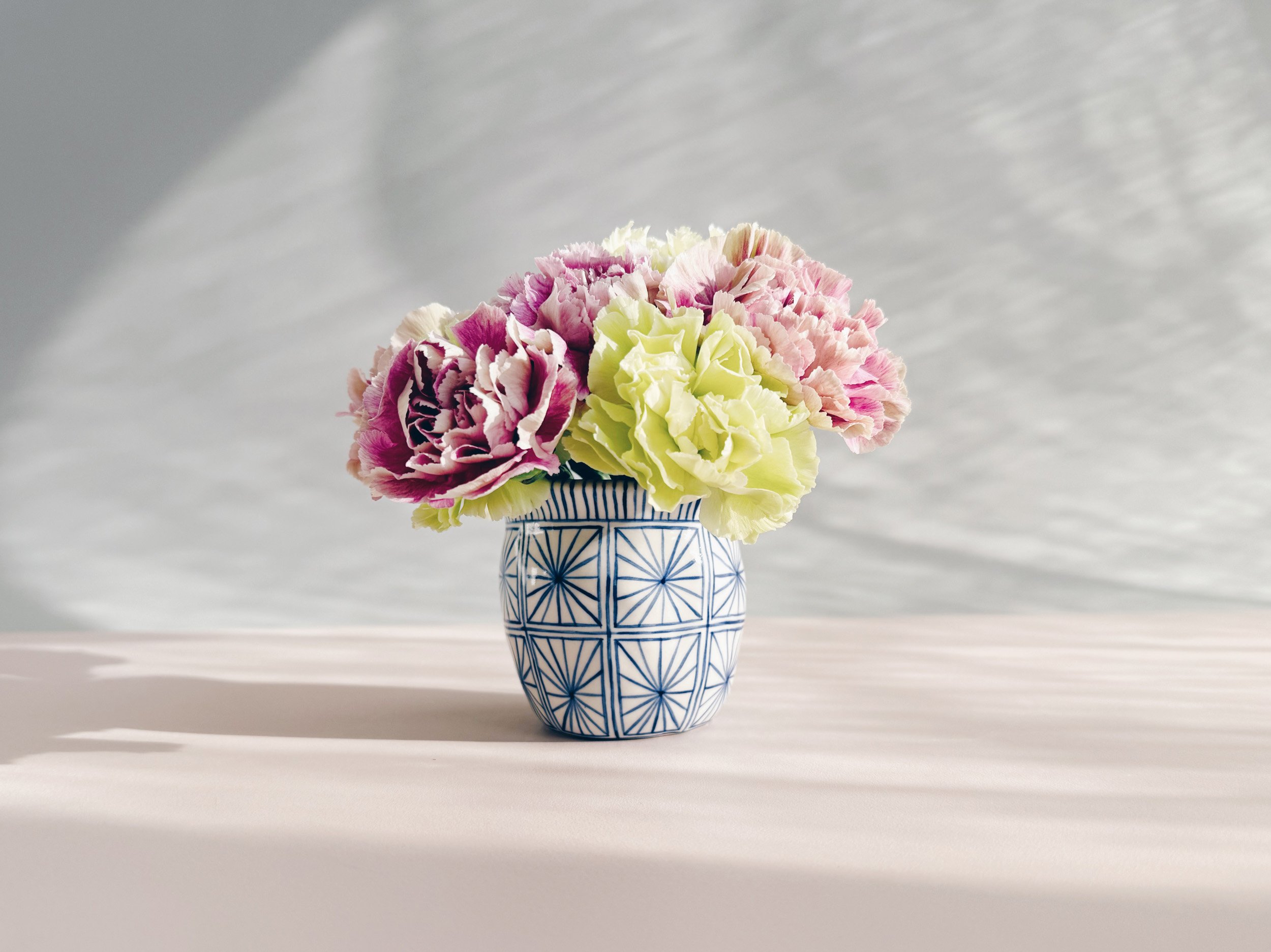 Blue and white, handmade ceramic vase.