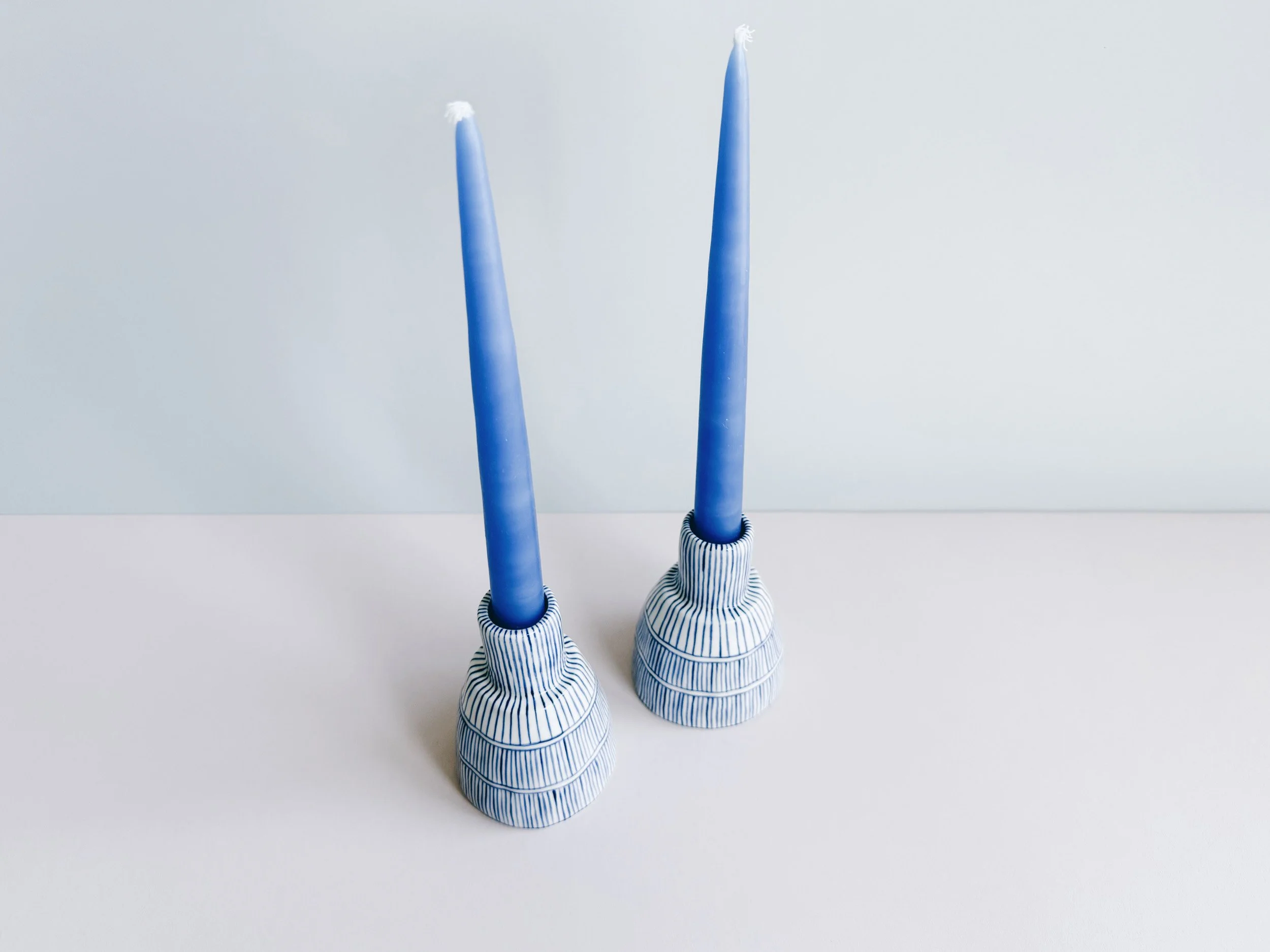 Blue and white, handmade ceramic candleholder.