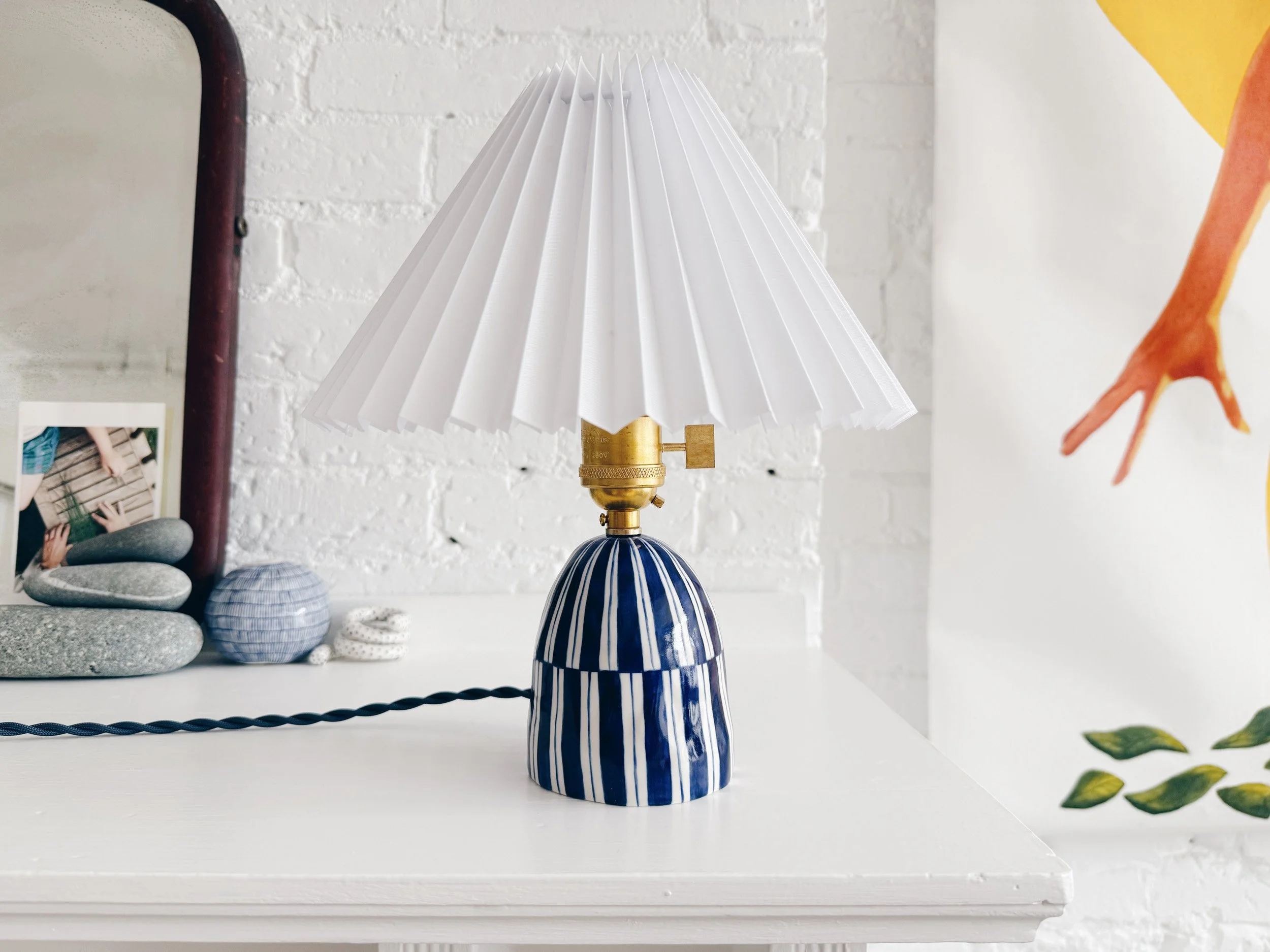 Blue and white, handmade ceramic lamp.