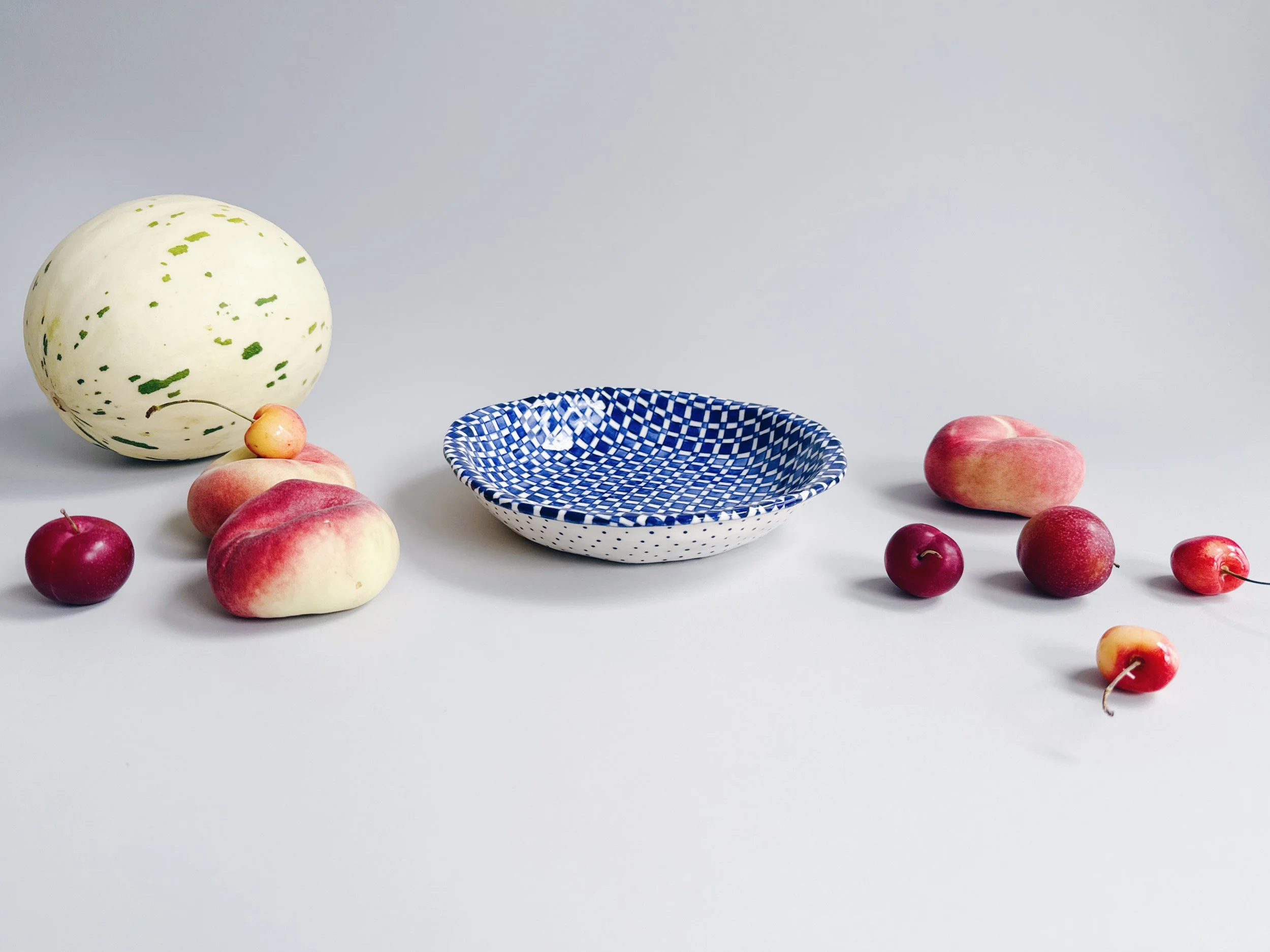Blue and white, handmade ceramic bowl.