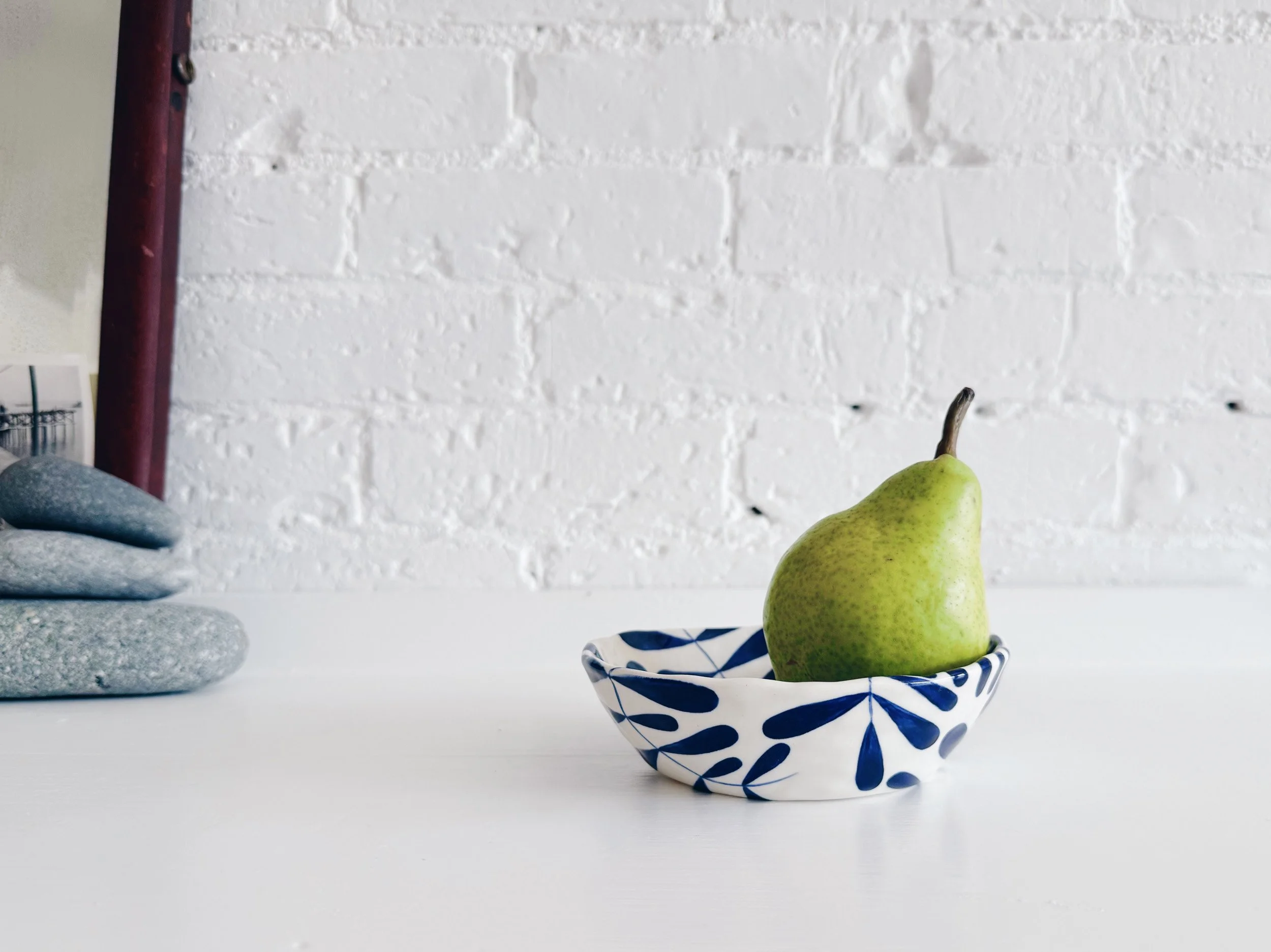 Blue and white, handmade ceramic bowl.