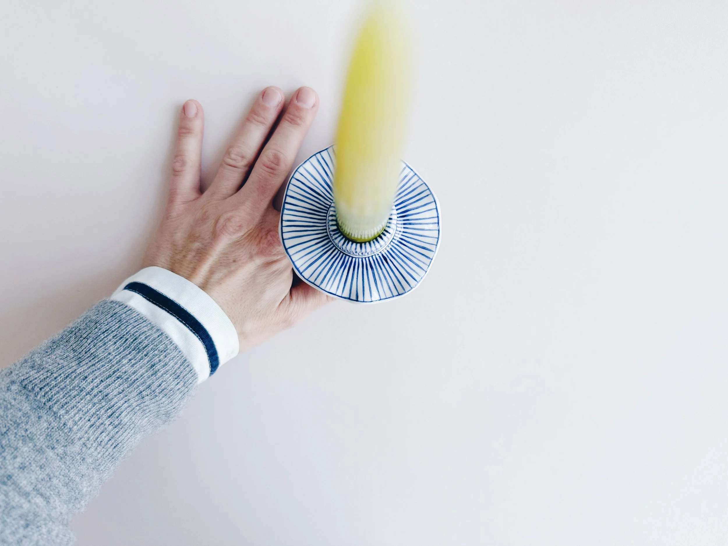 Blue and white, handmade ceramic candleholder.