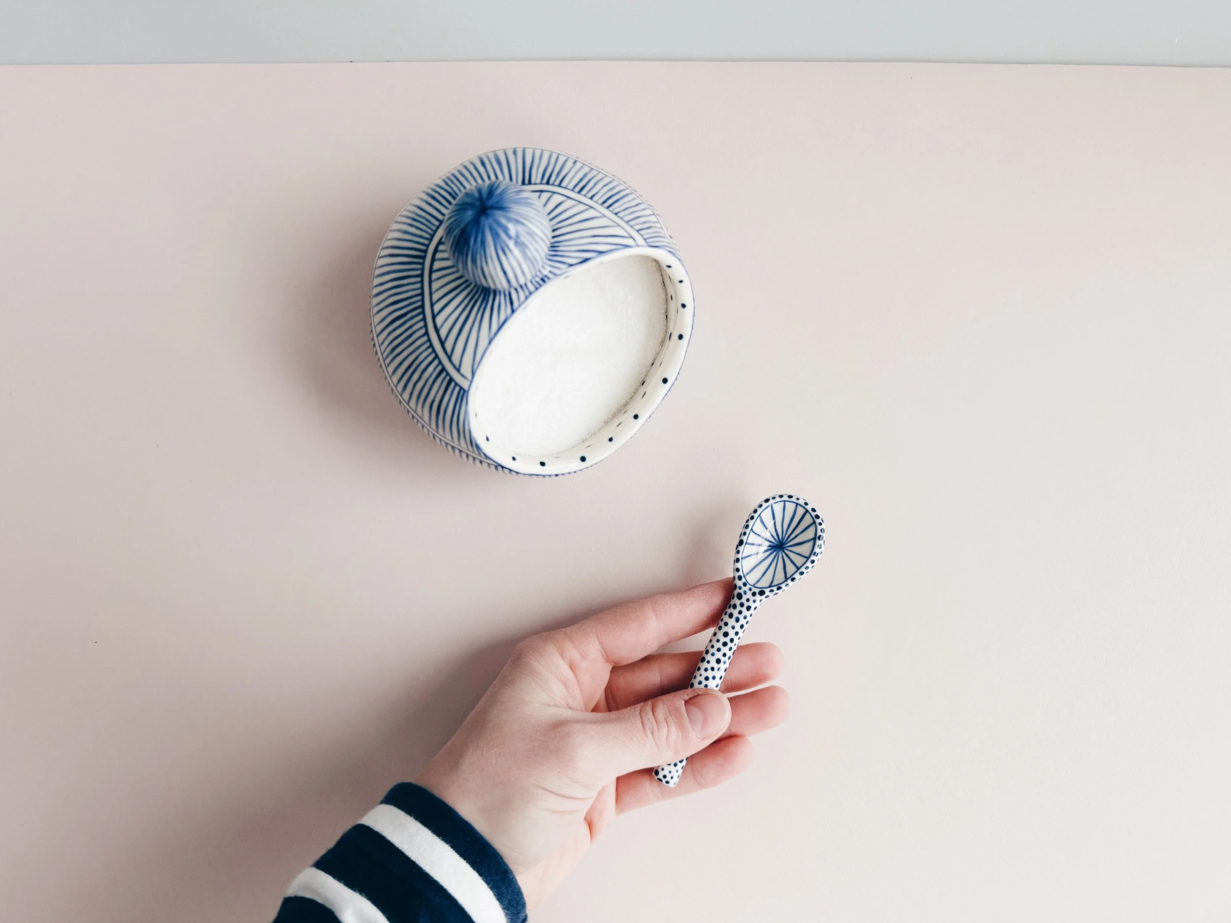 Blue and white, handmade ceramic salt cellar.