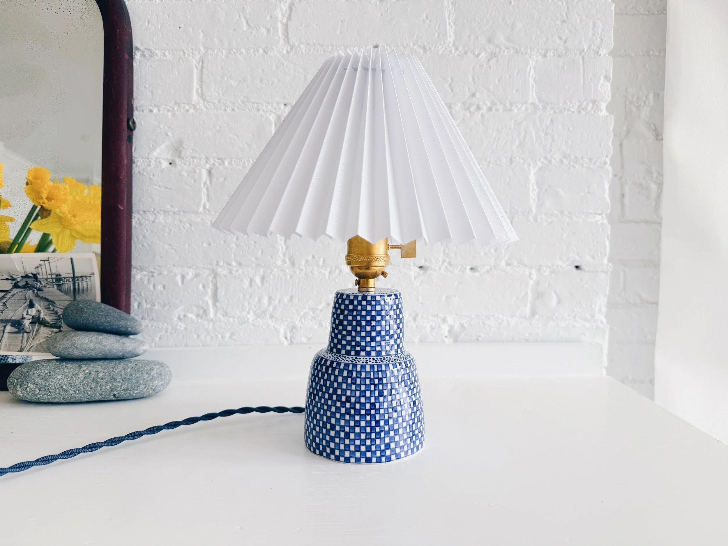 Blue and white, handmade ceramic lamp.