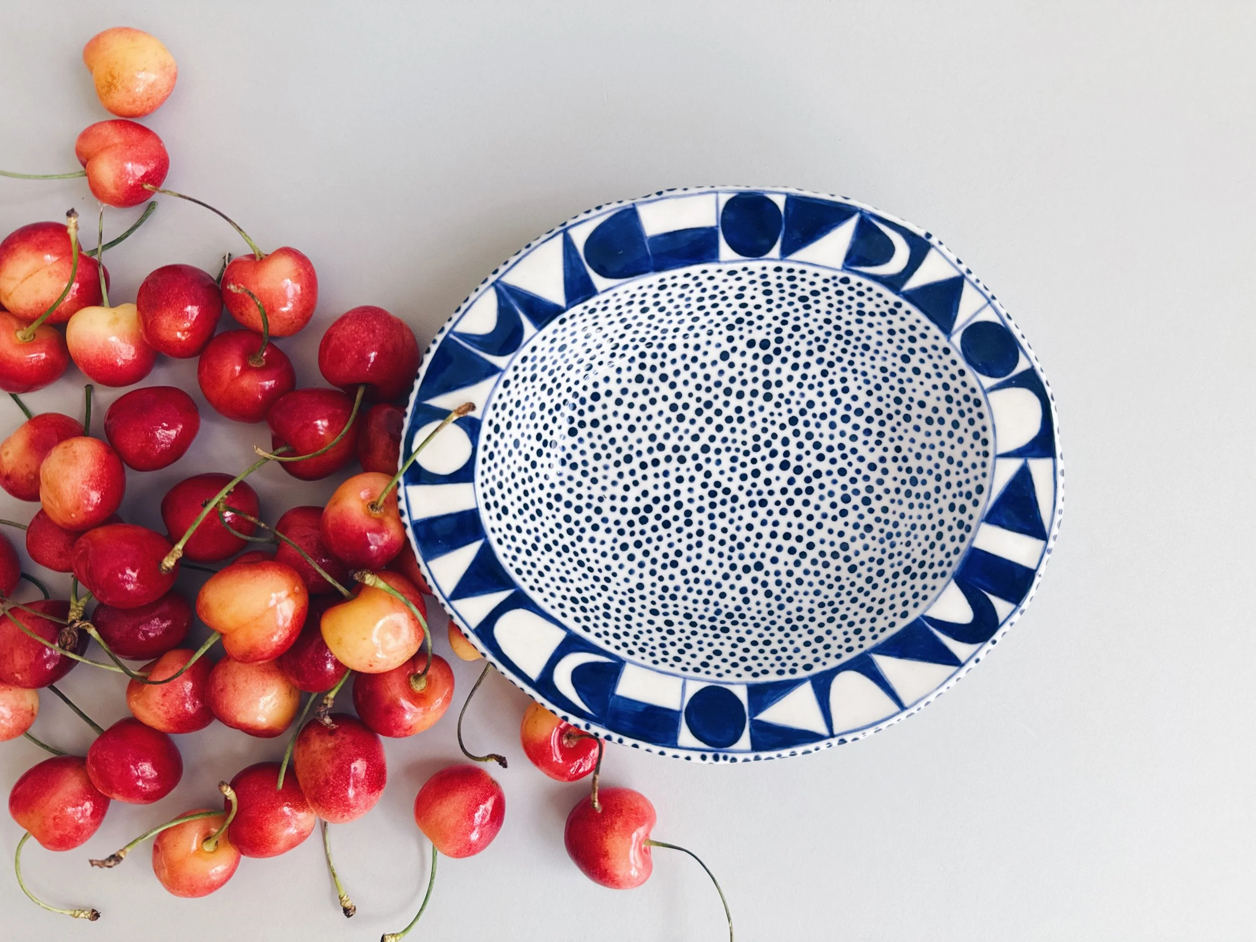 Blue and white, handmade ceramic dish.