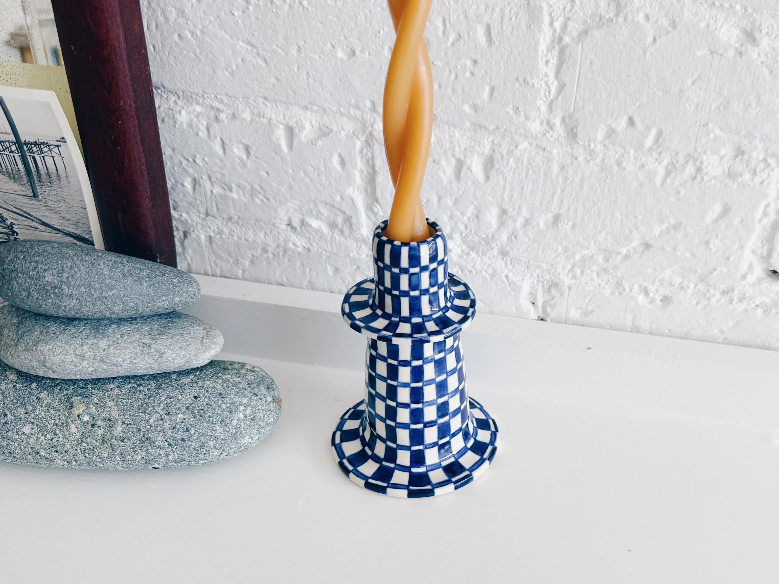 Blue and white, handmade ceramic candleholder.
