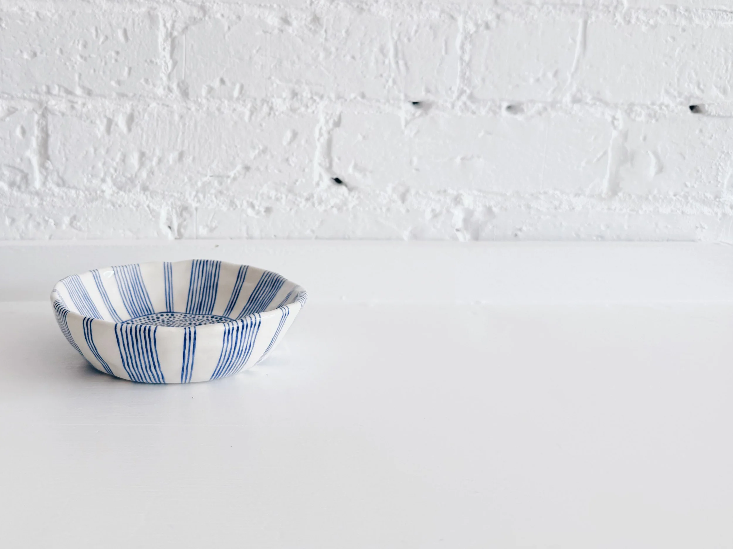 Blue and white, handmade ceramic bowl.